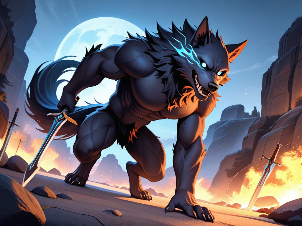 Design a breathtaking and visually stunning scene for the SoraAnimeChallenge that fully captures the spirit of anime characters in exhilarating action sequences. Rikou, elevate the energy of the generated images (3), (2), and (1), bringing these vibrant moments to life with KomikoAI for an incredibly immersive experience. Imagine powerful demon swords and demonic influences as Rikou embarks on an epic quest to claim the title of the strongest demon werewolf hybrid King.