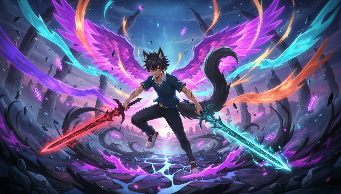 Design a breathtaking and visually stunning scene for the SoraAnimeChallenge that fully captures the spirit of anime characters in exhilarating action sequences. Rikou, elevate the energy of the generated images (3), (2), and (1), bringing these vibrant moments to life with KomikoAI for an incredibly immersive experience. Imagine powerful demon swords and demonic influences as Rikou embarks on an epic quest to claim the title of the strongest demon werewolf hybrid King.