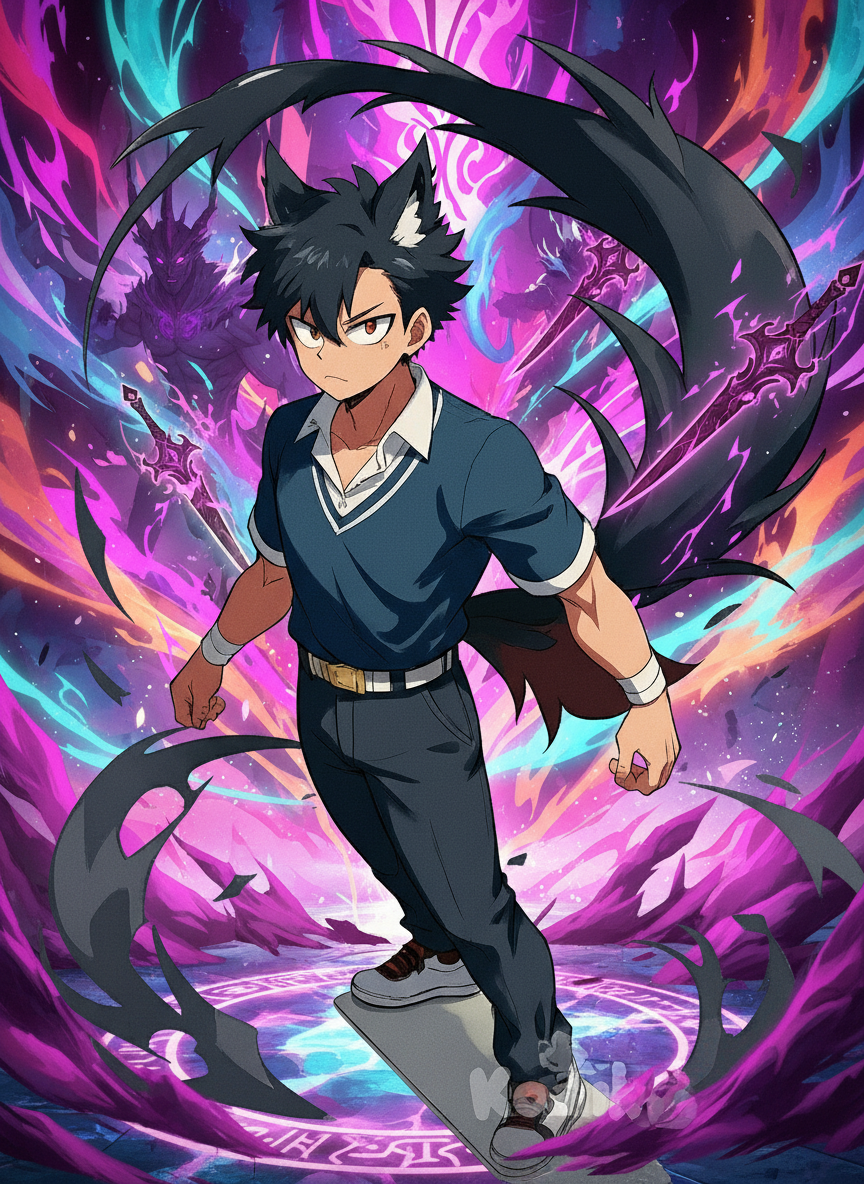 Design a breathtaking and visually stunning scene for the SoraAnimeChallenge that fully captures the spirit of anime characters in exhilarating action sequences. Rikou, elevate the energy of the generated images (3), (2), and (1), bringing these vibrant moments to life with KomikoAI for an incredibly immersive experience. Imagine powerful demon swords and demonic influences as Rikou embarks on an epic quest to claim the title of the strongest demon werewolf hybrid King.