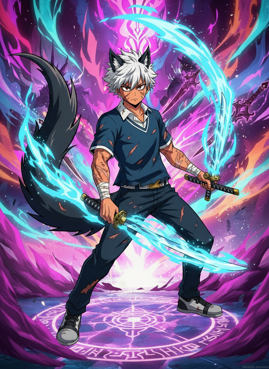 Generate a visually intriguing image featuring Rikou with the KomikoAI aesthetic, drawing inspiration from generated-image (7), (8), and (11). Create a harmonious fusion of these elements to craft a captivating and dynamic scene. Rikou in his demon form with white and black hair with red pants. hold two swords with blue flames with his clothes tear with a lot of scar