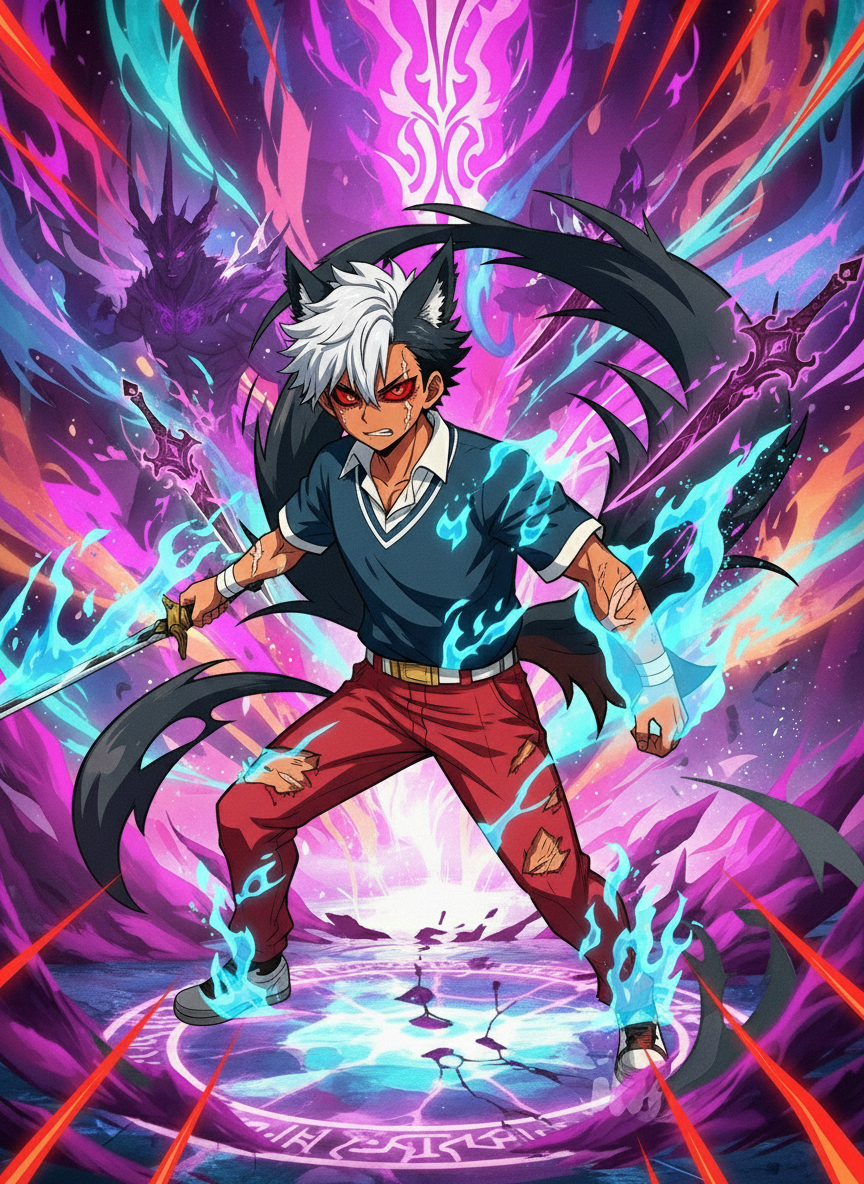 Craft a visually captivating image showcasing Rikou in his demon form, adorned with an intriguing fusion of elements inspired by generated-image (7), (8), and (11), embodying the KomikoAI aesthetic. Portray him with striking white and black hair, red pants, dual swords enveloped in blue flames, and tattered clothing revealing scars covered by a blue flame. Accentuate his dynamic appearance with a demons tail, a red demon eye, and a werewolf eye, creating a harmonious and dynamic scene.