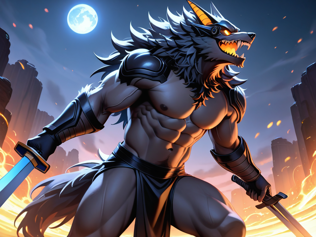 Design a breathtaking and visually stunning scene for the SoraAnimeChallenge that fully captures the spirit of anime characters in exhilarating action sequences. Rikou, elevate the energy of the generated images (3), (2), and (1), bringing these vibrant moments to life with KomikoAI for an incredibly immersive experience. Imagine powerful demon swords and demonic influences as Rikou embarks on an epic quest to claim the title of the strongest demon werewolf hybrid King.