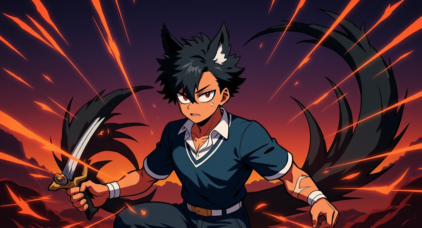 Design a breathtaking and visually stunning scene for the SoraAnimeChallenge that fully embodies the spirit of anime characters in exhilarating action sequences. Elevate the energy of images (3), (2), and (1) with KomikoAI, vividly animating these vibrant moments as Rikou embarks on an epic quest. Envision powerful demon swords and demonic influences as Rikou strives to claim the title of the strongest demon werewolf hybrid King, creating an incredibly immersive experience.