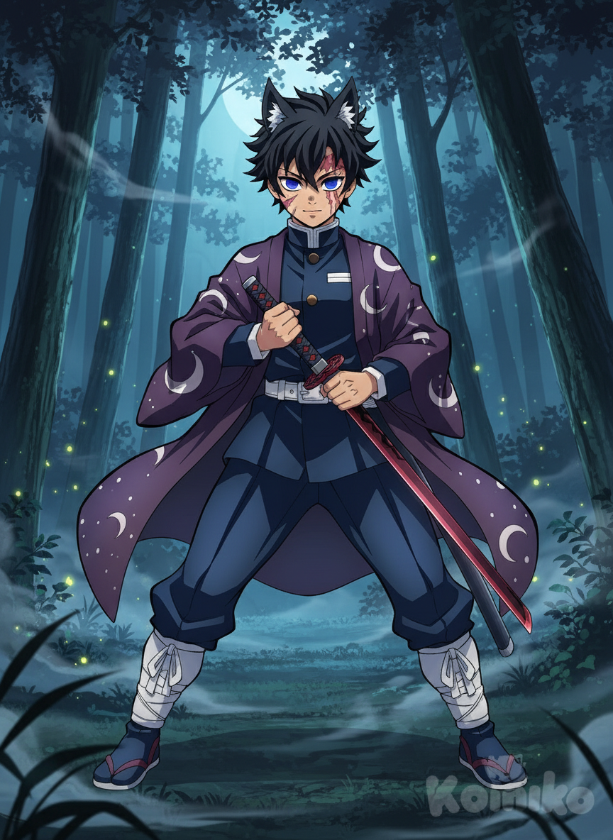 Create a captivating anime screen-cap set in the Demon Slayer universe, featuring <rikou-hisako-M2Db> in a striking Gakuran uniform layered beneath a traditional Haori jacket. Enhance the scene with traditional accessories like tabi and Kyahan, and highlight the Demon Slayer Corps Nichirin blade with its striking red and black color scheme. Depict her confidently holding the blade in a wide, medium long shot, set against a moody, atmospheric night-time forest background.