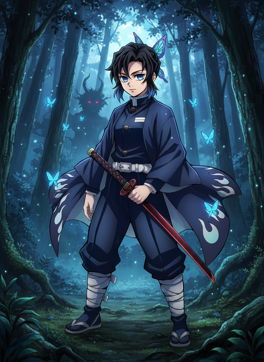 Create a captivating anime screen-cap of <rikou-hisako> set in the Demon Slayer universe. Showcase her in a Gakuran uniform layered beneath a traditional Haori jacket, enhanced by traditional accessories like tabi and Kyahan. Highlight the Demon Slayer Corps Nichirin blade with its striking red and black color scheme, depicting her confidently holding it in a wide, medium long shot. Set the scene in a night-time forest to enhance the atmosphere.
