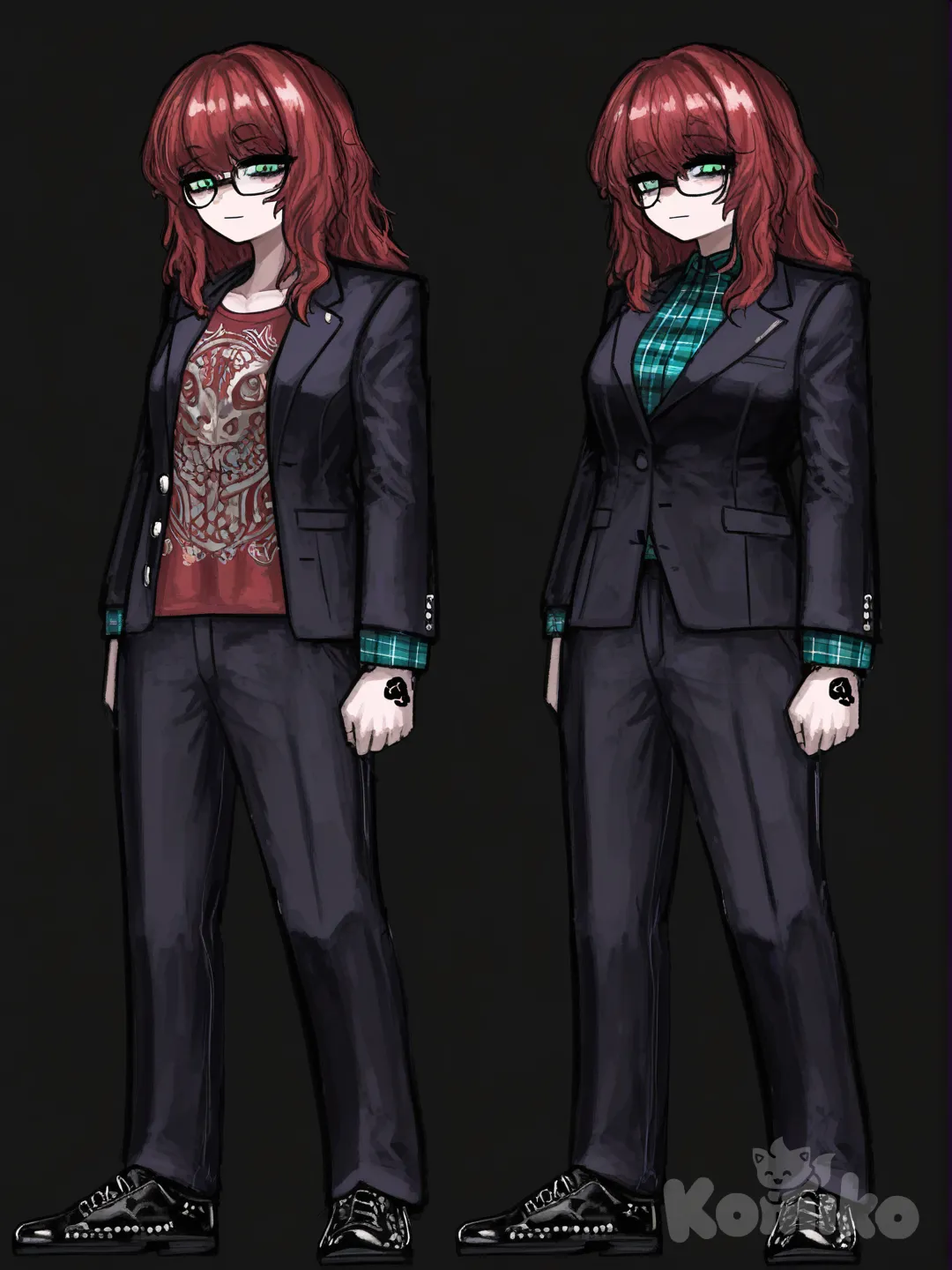 [sketchy-painterly-style] 1girl, pixel_art, teenager, tall, red_hair, green_eyes, tattoo, fair_skin, plaid_shirt, t-shirt, suit_pants, studs, glasses, single_character, full_body, looking_at_viewer, simple_background, white_background