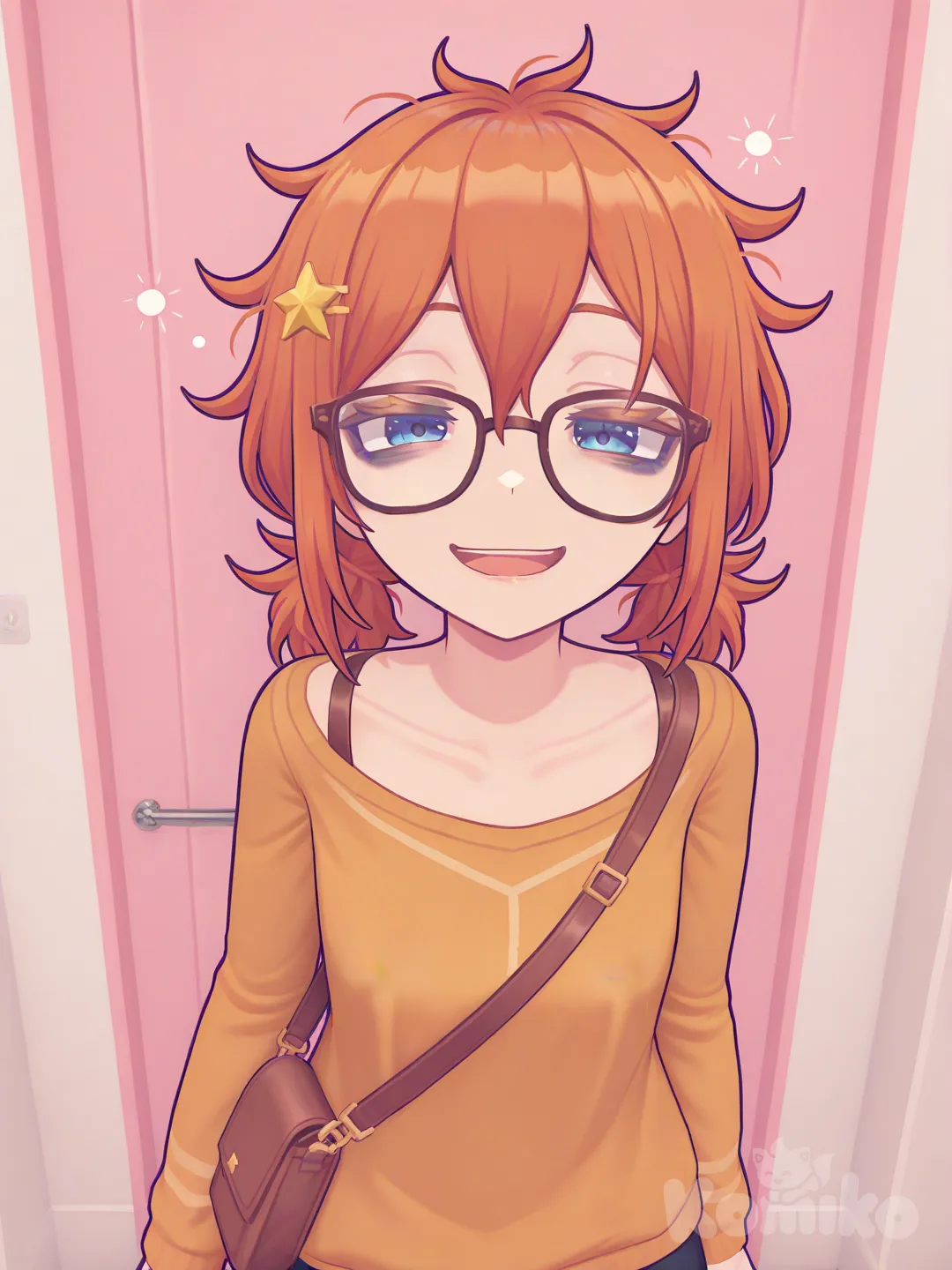 This character has bright orange, fluffy hair with a playful, uneven shape, and a yellow star-shaped accessory on the left side. Their eyes look half-closed, with pinkish shadows underneath, giving them a sleepy or relaxed expression. They wear thin, rectangular glasses and have a friendly, open-mouthed smile. Across their shoulder is a brown strap, suggesting they might be carrying something like a bag or equipment. The overall art style is colorful and expressive, with a cheerful and quirky vibe., [3d-anime-game-style]