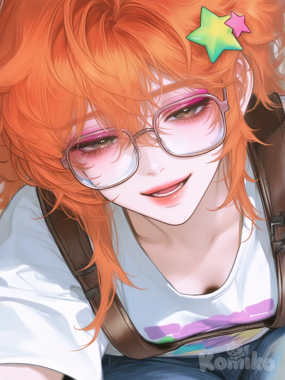This character has bright orange, fluffy hair with a playful, uneven shape, and a yellow star-shaped accessory on the left side. Their eyes look half-closed, with pinkish shadows underneath, giving them a sleepy or relaxed expression. They wear thin, rectangular glasses and have a friendly, open-mouthed smile. Across their shoulder is a brown strap, suggesting they might be carrying something like a bag or equipment. The overall art style is colorful and expressive, with a cheerful and quirky vibe., [semi-realistic-portrait-style], t-shirt, jeans
