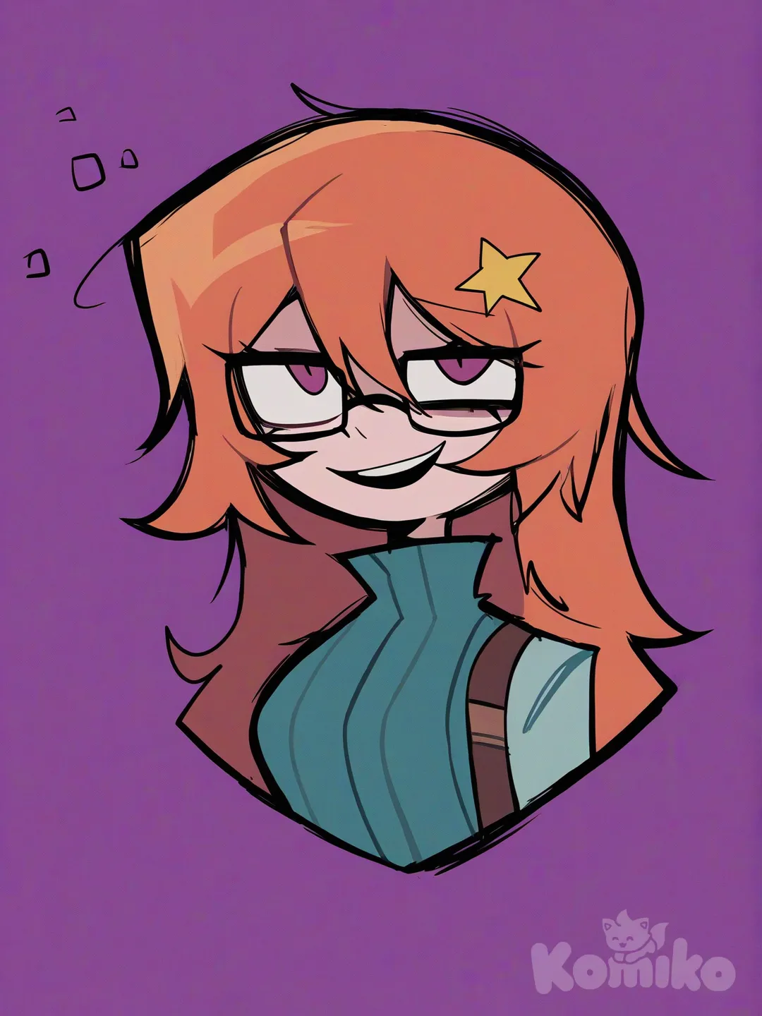 [pop-sketch-style], smirk and depressed This character has bright orange, fluffy hair with a playful, uneven shape, and a yellow star-shaped accessory on the left side. Their eyes look half-closed, with pinkish shadows underneath, giving them a sleepy or relaxed expression. They wear thin, rectangular glasses and have a friendly, open-mouthed smile. Across their shoulder is a brown strap, suggesting they might be carrying something like a bag or equipment. The overall art style is colorful and expressive, with a cheerful and quirky vibe