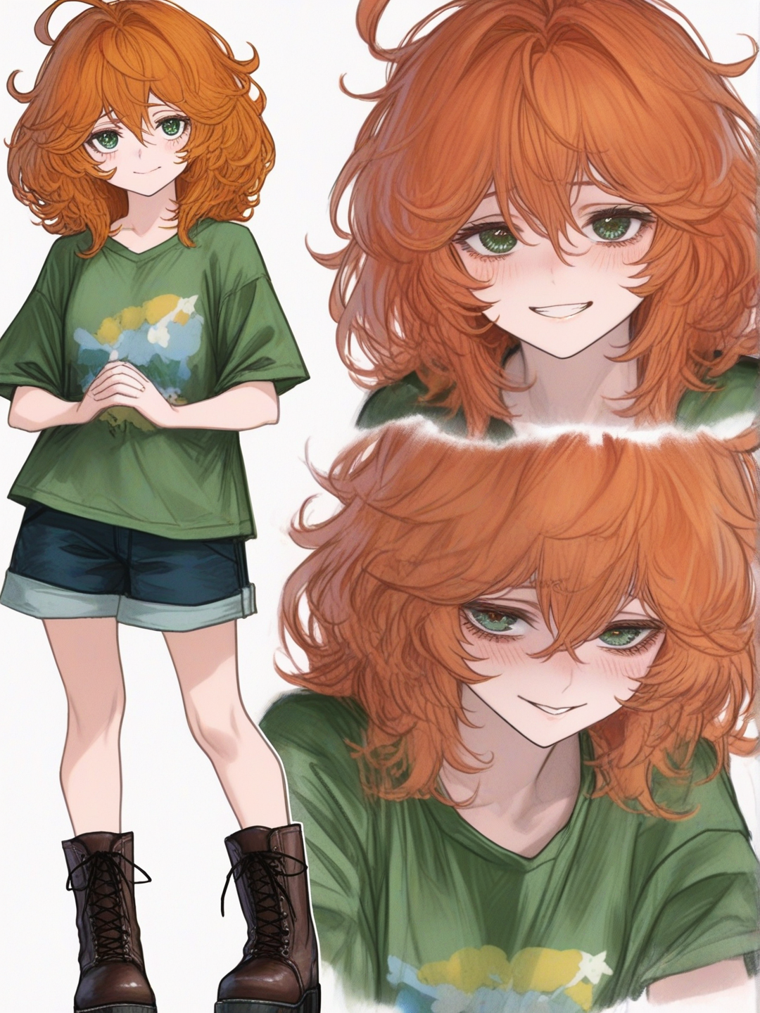 [semi-realistic-portrait-style] , orange hair, medium hair, messy hair, ahoge, green eyes, large eyes, blush, smile, shy, loose green shirt, t-shirt, dark blue shorts, tall boots, lace-up boots, light boots, standing, hands clasped, bashful, single character, full body, looking at viewer, simple background, white background, american comics style, digital coloring, comic book style