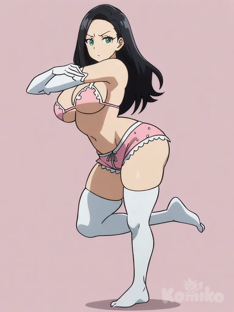 1girl, mature adult, slim, tall, curvy, black hair, green eyes, anime coloring, lace details, ripped beach shorts, pink bikini top (revealing, non-explicit), ripped pink and white thigh highs, ripped pink and white elbow gloves, sensual pose (non-explicit), single character, full body, looking at viewer, anime style, simple background, white background