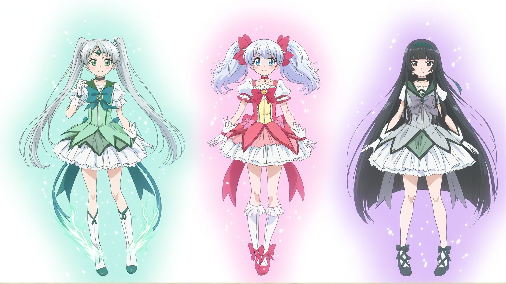 A three girls names Aoi Zinmuru and Ryona Aoi has black haired with high pigtails with two bows on it and black eyes Zinmuru has long flowing black haired with hime cut bang and dark blue eyes Ryona has long flowing sliver haired with headband on it light green eyes transformed into magical girls Aoi has stayed in high pigtails with magical red bows on it with red magical girl with heeled boots on dress Zinmuru has stayed in long flowing haired with hime cut bang with grey bow on her back with grey magical girl dress with high knee heeled boots on and Ryona has stayed in long flowing haired with magical headband on it with light green magical girl dress with ankle heeled boots on , [bright-anime-style]