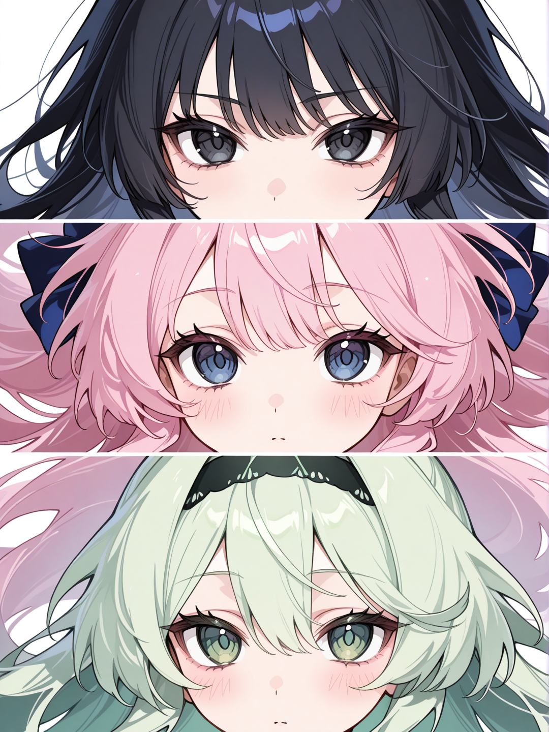 a first girl has black flowing haired with pink highlight on her left bang with bow on it black eyes a second girl has long flowing black haired with dark blue eyes a third girl has long flowing light green haired with headband on it Green eyes