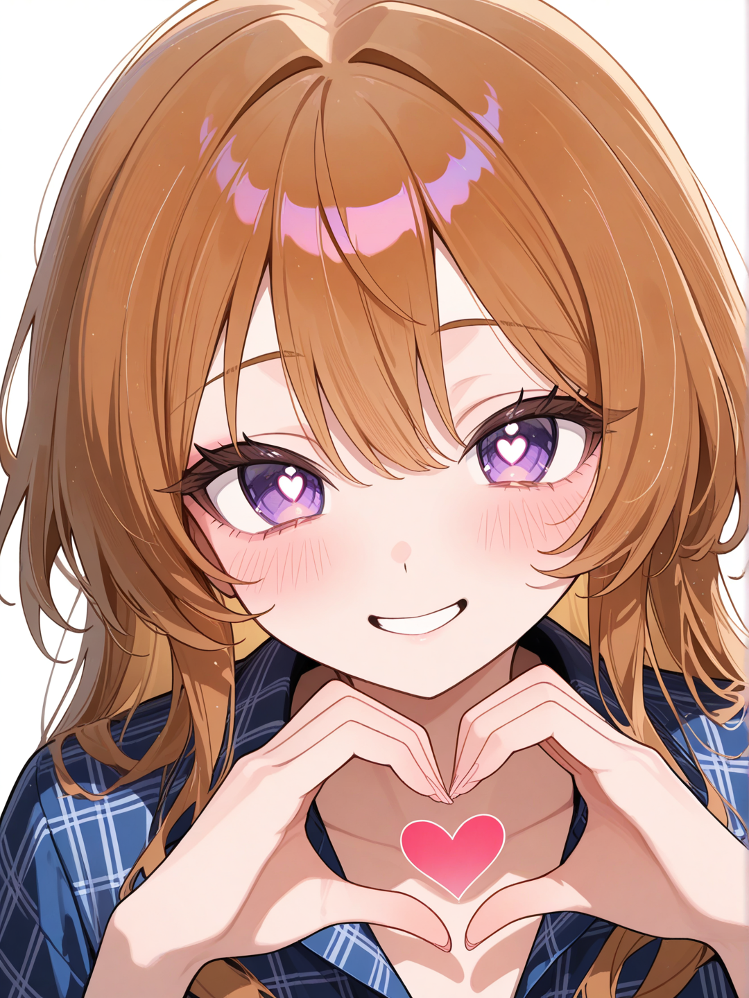 1girl, heart hands, plaid shirt, headshot