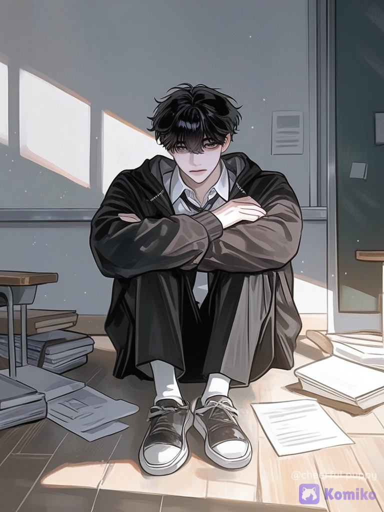 [polished-illustration-style], 1boy, solo, portrait, medium long shot, looking at viewer, expressionless, dull eyes, dark circles under eyes, melancholy, emotional neglect, slouching, slicked back hair, messy hair, school uniform, window light, top light, soft lighting, classroom, library, bookshelf, glossy lips, simple background, semi-realistic, korean manhwa style, digital illustration, soft gloss, eyes, shadowed face, tired, soft shadows, blueish lighting, warm highlights, desk, scattered papers, dust motes, after school, solitude, introspective, character focus, aloof, depth of field, subtle gradient, muted tones, melancholic, afternoon light, sunbeam, lens flare, atmosphere, empty classroom, abandoned, forgotten, desaturated, cold color palette, tear stain, slight frown, dead inside, emotionally drained, isolation, longing, listless, withdrawn, slumped posture, disheveled uniform, loose tie, unbuttoned collar, backlit, chiaroscuro, cinematic lighting, film grain, atmospheric perspective, emotional, poignant, wistful, yearning, teen angst, ennui, sitting on floor, knees up, arms wrapped around knees, head down, hair falling forward, shadow across face, slumped shoulders, vacant stare, floating dust particles, long shadows, empty desks, chalkboard, faded posters, abandoned feeling, beautiful manhwa webtoon style, soft shading, cinematic panel feel, polished professional finish, classic manhwa style, holding knees, unkempt, emotional pain, light rays, volumetric lighting, bokeh, holding hair, male focus, sitting, hands around knees, arms crossed over knees, bent legs, fingers intertwined in hair, downward gaze, heavy eyelids, hollow cheeks, pale skin, under-eye bags, heartache, sorrowful, quiet despair, lonely atmosphere, still silence, nostalgia, faded memory, soft blur, gentle shadow play, cool tones, muted color grading, paper texture overlay, black hair, varsity jacket, oversized hoodie, slumped forward, head tilted down, hair covering eyes, subtle tears, quiet suffering