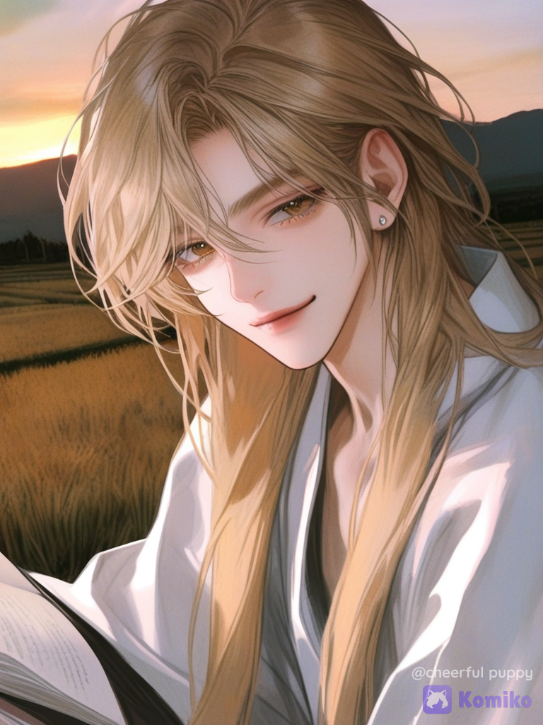 [semi-realistic-portrait-style], 1boy, head tilt, earrings, book, long mullet, messy long hair, twilight, golden hour, field, smile, smirk, blonde hair, sitting on the ground, portrait, kimono top