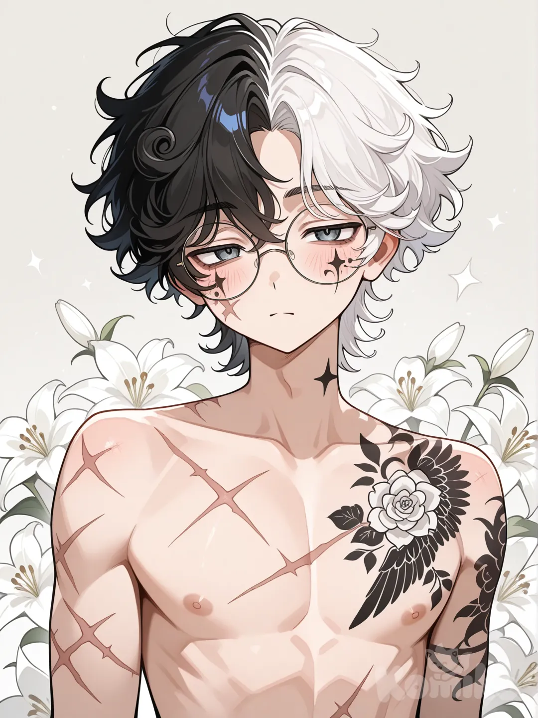 Черноволосый кудрявый юноша с сединой, в больших круглых очках, с татуировкой птички на правой щеке. Грудь у него изрезана в форме цветов.