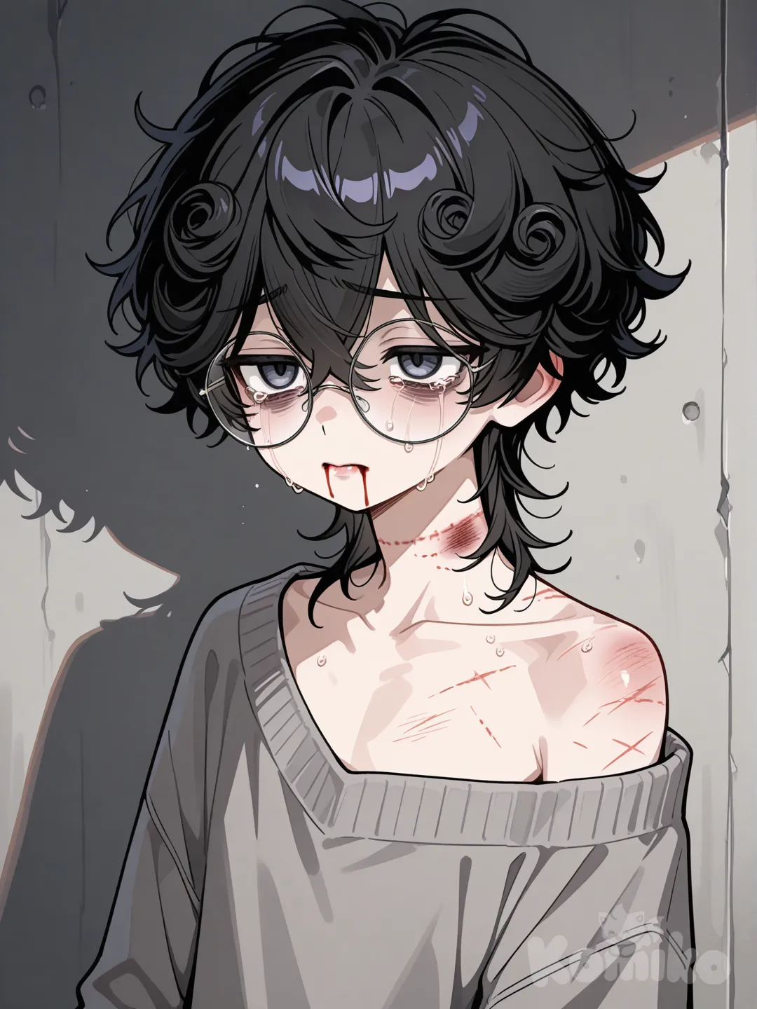 Высокий и худой молодой человек, с черными вьющимися волосами, в растянутом сером свитере на одном плече и огромных круглых очках. Его шея и плечо в вампирских укусах и синяках. Под глазами тёмные круги. Из его глаз текут слёзы. Его губы искусаны в кровь