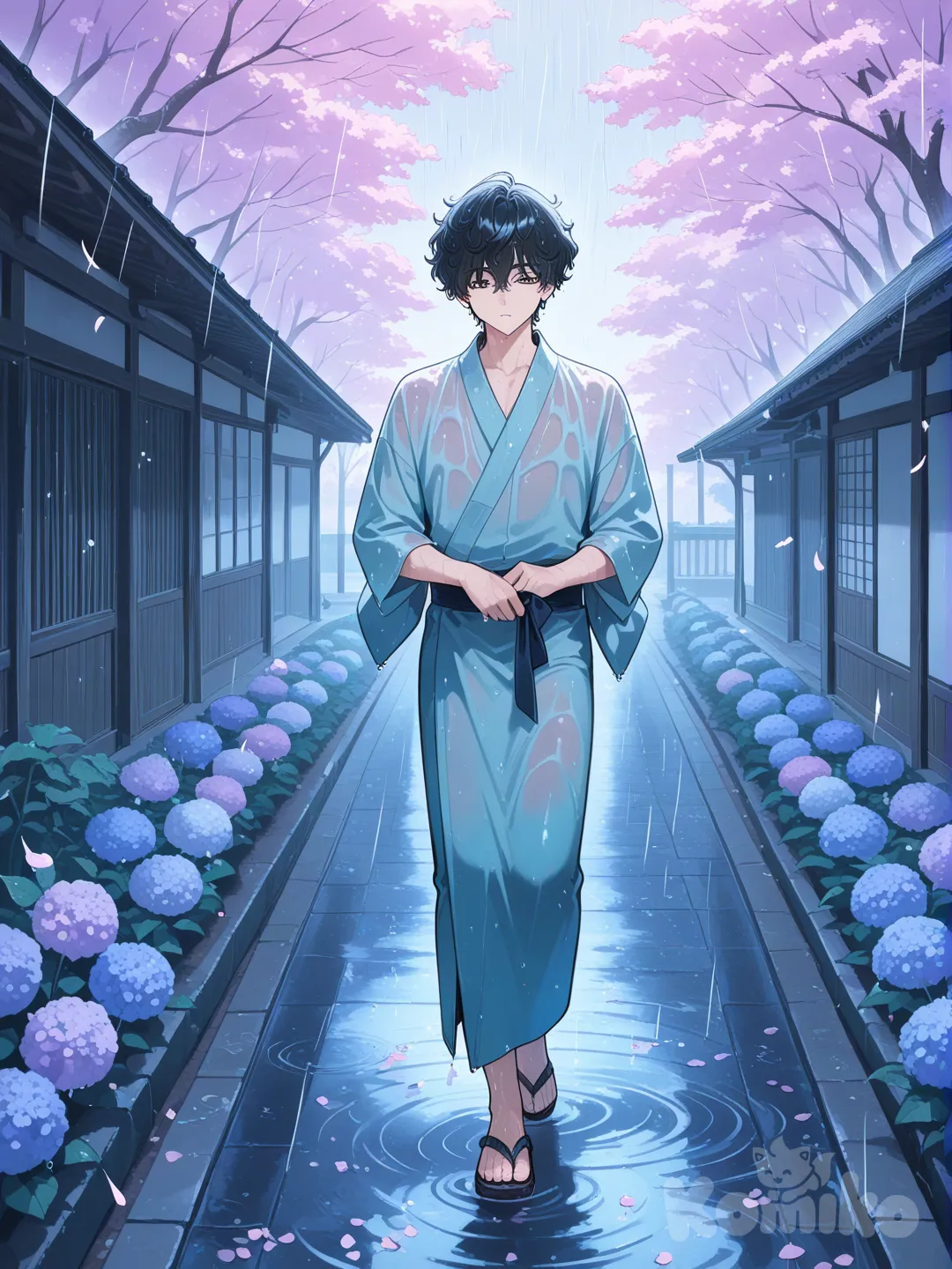 Черноволосый кудрявый юноша в голубом с серым кимоно идёт под дождем через цветущий розовый сад. Мокрая ткань облегает его тело.