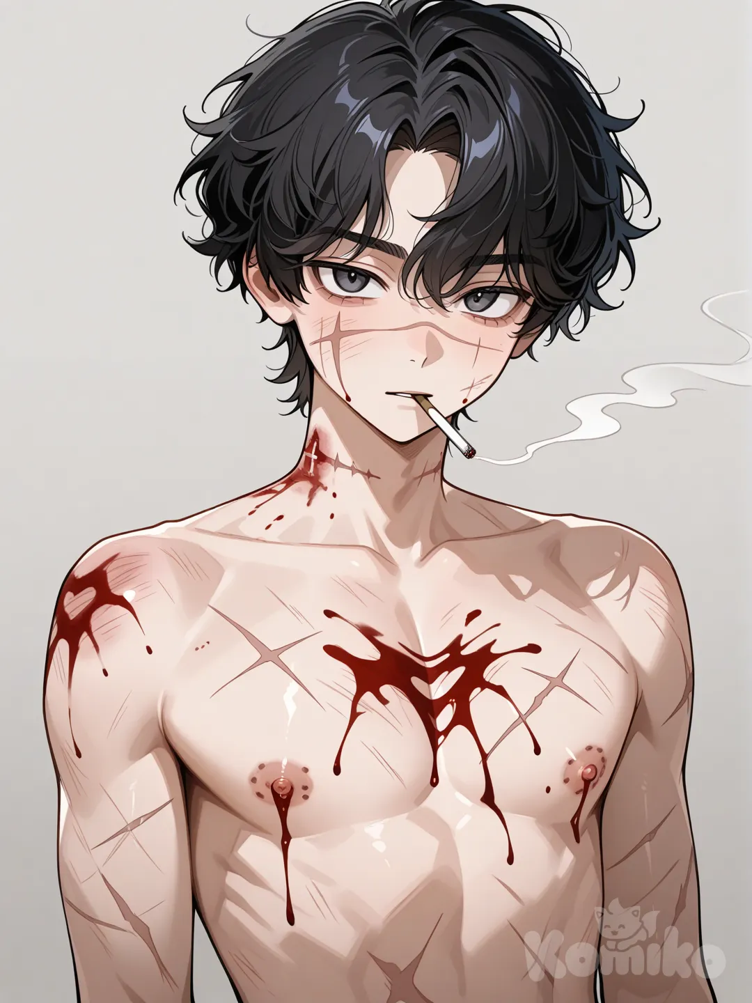 Черноволосый кудрявый молодой мужчина, со шрамами от уголков губ до ушей. На его шее следы пальцев. На его сосках следы зубов, шрамы крест на крест и кровь. На его лице ожоги от сигарет.