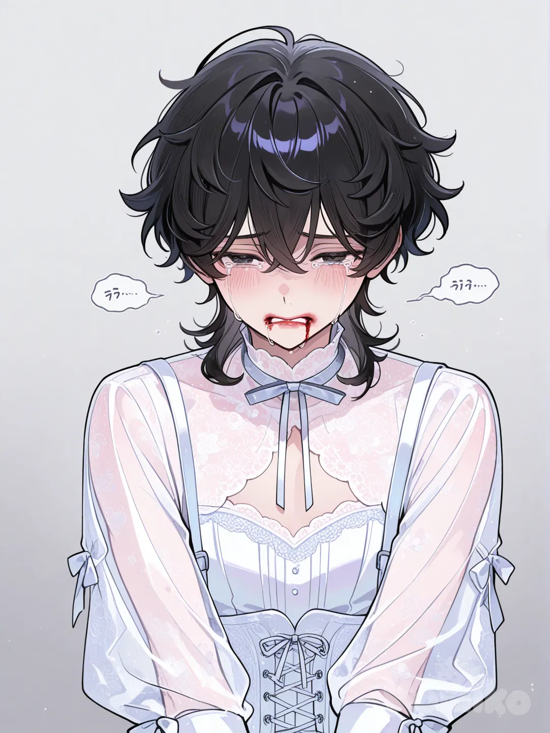 Черноволосый кудрявый мужчина в разорванной белой полупрозрачной кружевной рубашке и белом корсете. Его губы искусаны в кровь. Он рыдает.