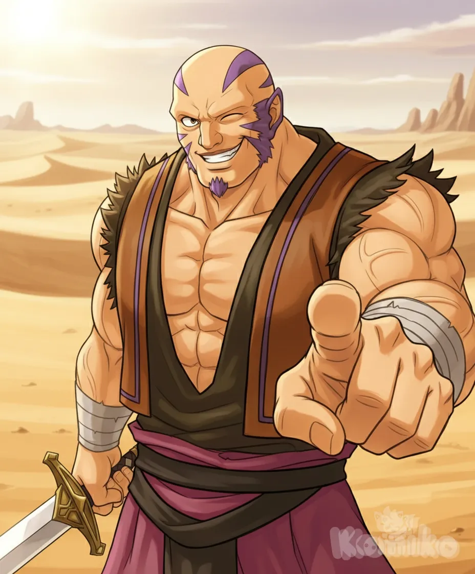 A towering figure with colossal pecs and biceps stands powerfully in a vast desert field, exuding the essence of bara. This muscular and robust upper body is viewed from below, as they clutch a gleaming sword. A knowing, evil smile graces their face, with one eye playfully closed while they point at the viewer.