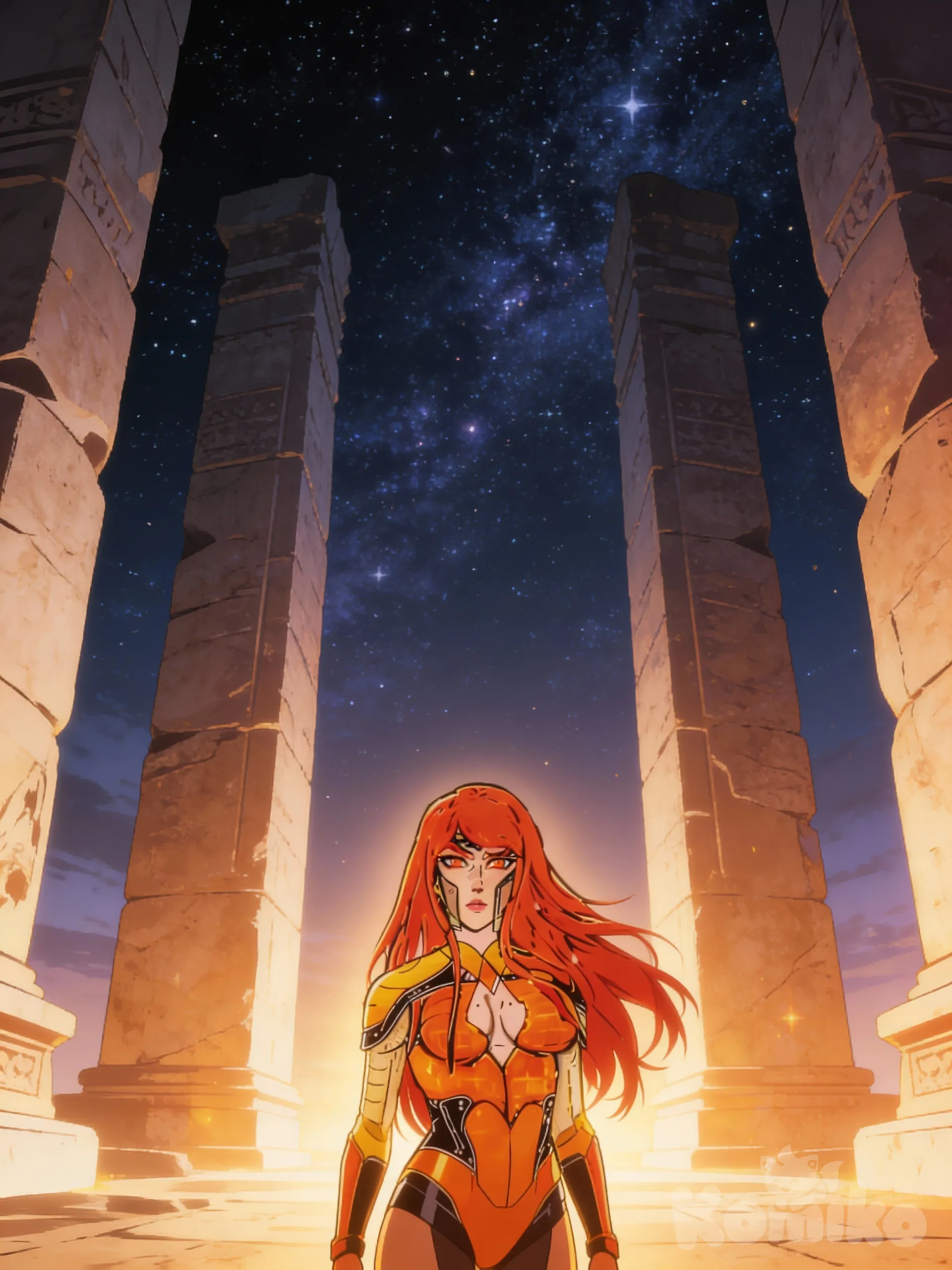 Female guardian standing still beneath night sky, massive stone pillars behind her, no action pose, quiet strength, law embodied, warm topaz glow, epic minimalism, modern anime fantasy illustration, ultra cinematic atmosphere, 8k
