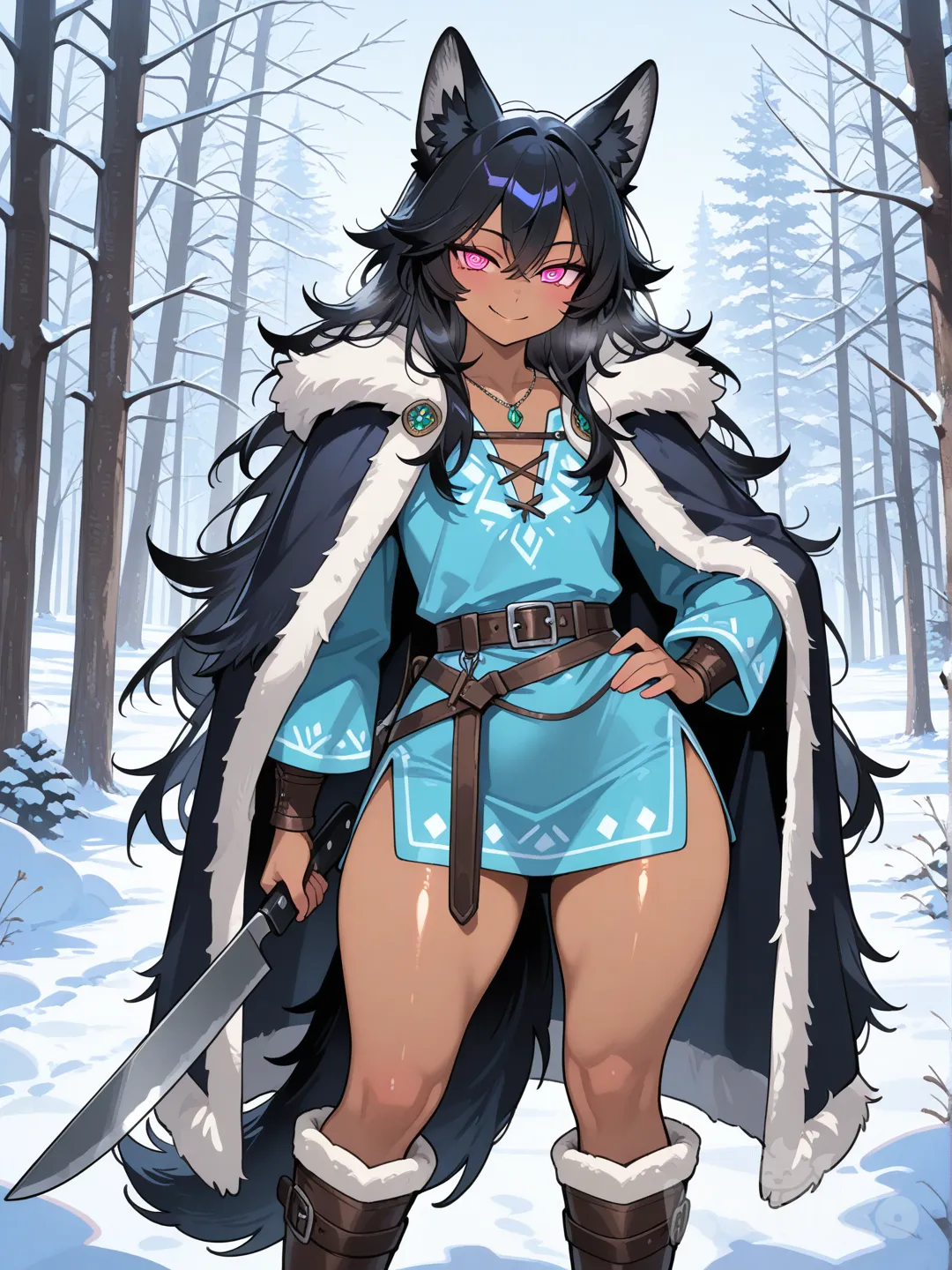 (), superior quality, Nordic warrior appearance, Viking, radiant skin, tan skin, perfect face, 1 boy, transgender, sissy, shiny hair, dressed in a Nordic shirt, dressed in Nordic pants, wearing Nordic snow boots, wearing a winter cloak, black hair, sexy look, smiling, face reflecting confidence, black wolf tail, sexy and sweet attitude, only wolf ears, long loose hair, wide hips, with a small emerald necklace around her neck, wide hips, only wolf ears, sexy hips, snowy day, provocatively swaying her hips, sexy hips, bright pink eyes with a spiral in the iris, flat chest, close-up, carrying a machete in her hands