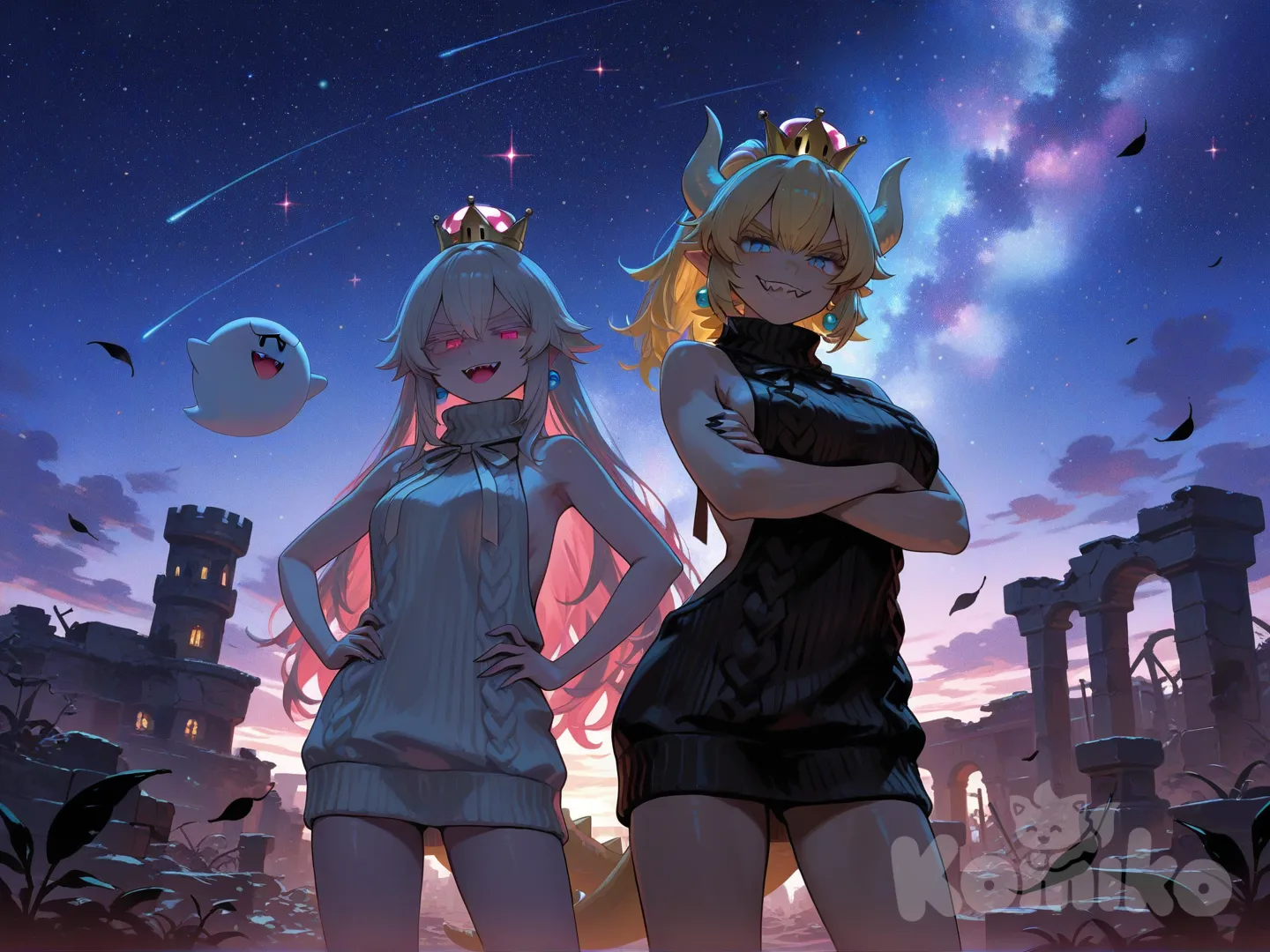 [sensual-glossy-style] clothes: red-black virgin killer, @Bowsette, clothe white-black vigin killer,@Princess_King_Boo, ambas con poses arrogante y de autoridad, miando al frente con risa de tirana, de f, full body, looking at viewer, neon lights, twilight, castle, ruins, leaves falling, starry sky, cosmic background