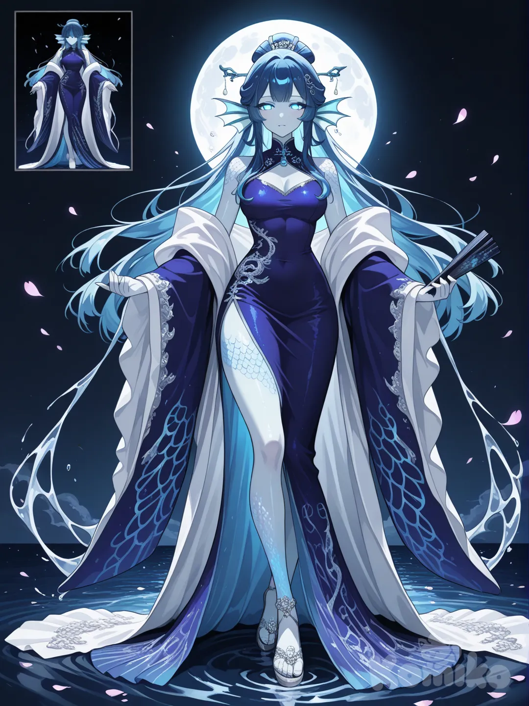 **Character Design Sheet, full-body. Subject:** A majestic, serene, and imposing woman who is the anthropomorphic incarnation of the Legendary Pokemon Kyogre. **Base Inspiration:** Camilla's (Fire Emblem) regal demeanor, fused with the elegance of a traditional Chinese Cheongsam/Qipao dress.

**Physical Traits:**
- **Face & Expression:** Beautiful, mature features with an aura of ancient calm. Eyes are a deep, luminous sapphire blue with no visible pupils, like the heart of a glacier—holding profound peace and immense, quiet authority. Her expression is a neutral, regal mask, with a hint of distant, melancholic wisdom. She is the calm before the tsunami.
- **Hair:** A lavish, flowing cascade of silvery-blue and deep navy hair, styled in an elaborate updo held by hairpins made of blue jade and pearls, with delicate tendrils framing her face like Kyogre's head fins. The hair has a wet, glossy sheen.
- **Body:** Tall, statuesque, and elegantly curvaceous figure, conveying fluid grace and dense presence. Her skin is a pale, opalescent blue-white, with subtle, shimmering mother-of-pearl scale patterns on her shoulders and décolletage.
- **Attire (Cheongsam Fusion):** She wears a stunning, high-collared **Cheongsam (Qipao) dress** made of iridescent, liquid-like silk that shifts from deep navy to violet, embroidered with silver and white wave patterns, koi fish, and Kyogre's **α (Alpha) symbol** over the chest. The dress is form-fitting, with a high slit on one side, revealing a leg adorned with subtle scale patterns. Over this, she wears a sheer, flowing **overcoat/robe** of azure gauze that mimics the flow of water and Kyogre's pectoral fins. Her footwear are **elegant high-heeled sandals** with straps resembling kelp and pearls.
- **Key Details:** From her back emerge two large, elegant, and translucent **pectoral fins** that look like a part of her robe. She holds a delicate folding fan made of abalone shell. Her presence is surrounded by a faint aura of mist and floating water droplets.

**Pose & Atmosphere:** She stands poised on the surface of a perfectly still, moonlit ocean, as if walking on water. The reflection below shows the abyssal depths. Cherry blossom petals float on the water around her, contrasting with the marine theme. One hand holds the fan gracefully, the other rests at her side. The vibe is **tranquil, imperial, deeply mysterious, and effortlessly powerful**.

**Art Style:** Elegant anime character design, incredibly focus on luxurious fabrics, iridescence, and serene, majestic beauty. Ethereal and sophisticated. --ar 2:3 --style raw
