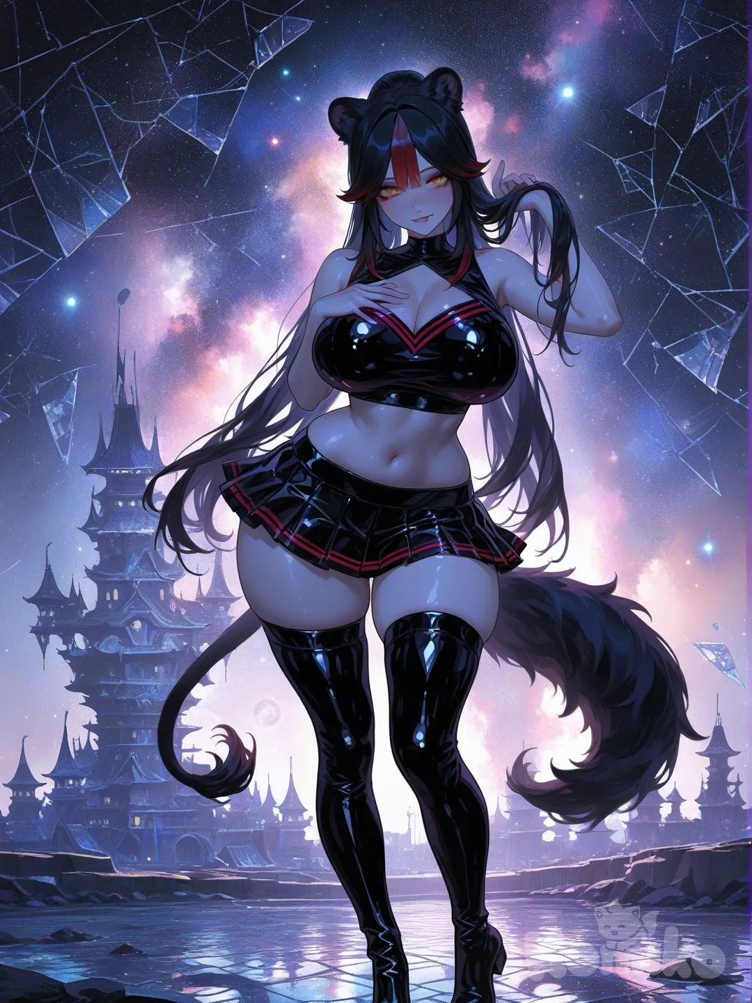 Full body portrait, epic cinematic shot, front view. A stunningly beautiful white-skinned lion-woman anthro with a hyper-feminine, incredibly sexy physique and big breasts. She has three elegant, fluffy lion tails swishing behind her. Her expression is intensely sensual: biting her lower lip with a teasing, foxy gaze directly at the viewer. Her long, raven-black hair with bold crimson red streaks is styled in a high, sexy slim ponytail. One of her hands is sensually squeezing her own breast, while the other hand plays with her ponytail in a flirtatious, seductive manner. **Outfit:** A sexy gothic cheerleader uniform. A very short, flared pleated mini-skirt in black-white. A matching crop top that barely contains her chest. Over it, a thin, see-through mesh weending lingeries in black and white. She wears thigh-high women's heeled boots with a glossy finish, completing the look. **Pose:** Standing in a confident, sexy full-body pose, emphasizing her curves. The atmosphere is erotic, sensual, and alluring. **Background:** A cosmic castle floating in a starry sky. The sky is shattered like broken glass, revealing a vortex of nebulae and stardust beyond. The scene is bathed in ethereal cosmic lighting. **Style:** Sensual-glossy style, inspired by 's aesthetic. Highly digital painting, sharp focus, dramatic lighting, vibrant colors (not black and white). Emphasis on glossy skin, reflective fabrics, and cosmic shimmer. , [sensual-glossy-style], @Ningguang_(Genshin_Impact)