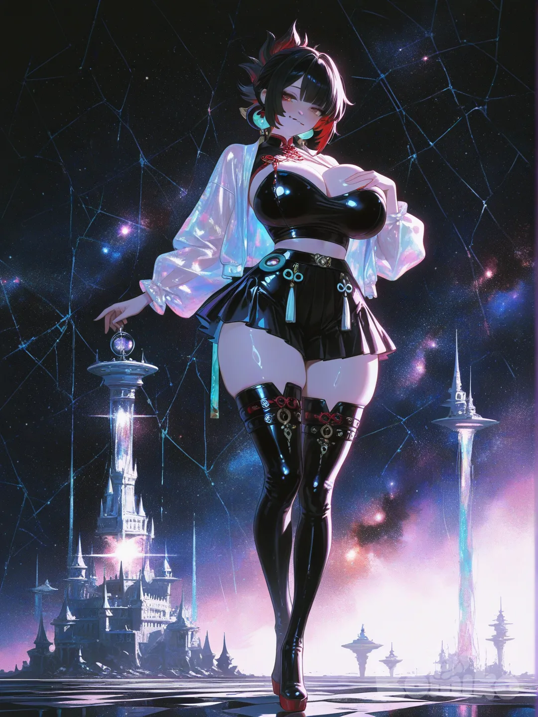 Zenless Zone Zero, evelyn chevalier, Full body portrait, epic cinematic shot, front view. A stunningly beautiful with a hyper-feminine, incredibly sexy physique and big breasts. Her expression is intensely sensual: biting her lower lip with a teasing, foxy gaze directly at the viewer. Her long, raven-black hair with bold crimson red streaks is styled in a high, sexy slim ponytail. One of her hands is sensually squeezing her own breast, while the other hand plays with her ponytail in a flirtatious, seductive manner. **Outfit:** A sexy chinese dress. A very short, flared pleated mini-skirt in black-white. A matching crop top that barely contains her chest. Over it, a thin, see-through mesh jacket in black and white. She wears thigh-high women's heeled boots with a glossy finish, completing the look. **Pose:** Standing in a confident, sexy full-body pose, emphasizing her curves. The atmosphere is erotic, sensual, and alluring. **Background:** A cosmic castle floating in a starry sky. The sky is shattered like broken glass, revealing a vortex of nebulae and stardust beyond. The scene is bathed in ethereal cosmic lighting. **Style:** Sensual-glossy style, inspired by 's aesthetic. Highly digital painting, sharp focus, dramatic lighting, vibrant colors (not black and white). Emphasis on glossy skin, reflective fabrics, and cosmic shimmer. , [sensual-glossy-style]