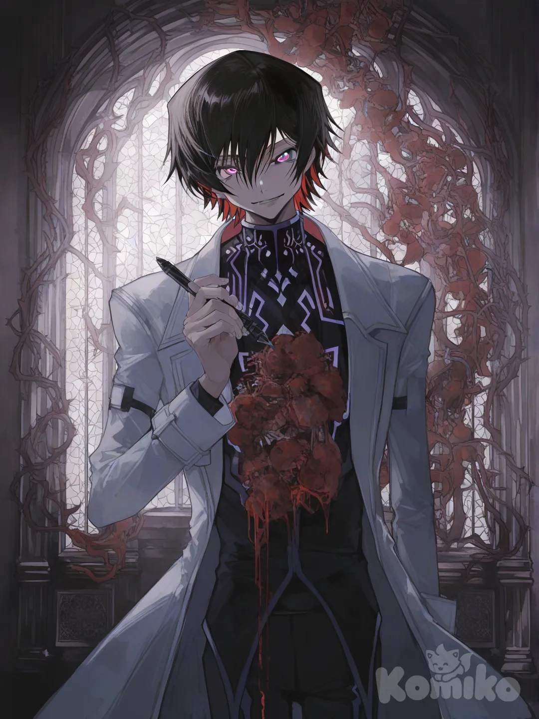 [watercolor-illustration-style] Anime character design, "Dr. Ephialtes", mature style fusion of Lelouch vi Britannia (elegant, sharp features, intelligent eyes) and Sosuke Aizen (calm, deceptive smile, commanding presence). A man in his late 30s with perfectly styled dark hair and sharp, calculating eyes. Wearing a pristine white doctor's coat that is slightly open, revealing a sophisticated black suit underneath. The white coat has intricate, subtle black patterns or embroidery resembling surgical diagrams, chemical structures, or thorned vines crawling from the hem. He holds a sleek, sinister-looking surgical stylus (his Regalia, "Iatrogenia Epidemiológica"). Ambiance is a sterile, advanced medical lab with a large window overlooking a cyberpunk city. He has a gentle, trustworthy smile that doesn't reach his cold, analytical eyes. Cinematic lighting, photorealistic details, atmospheric.
De fondo un laboratorio con cuerpos de personas ensangrentadas y con alteraciones corporales no naturarel