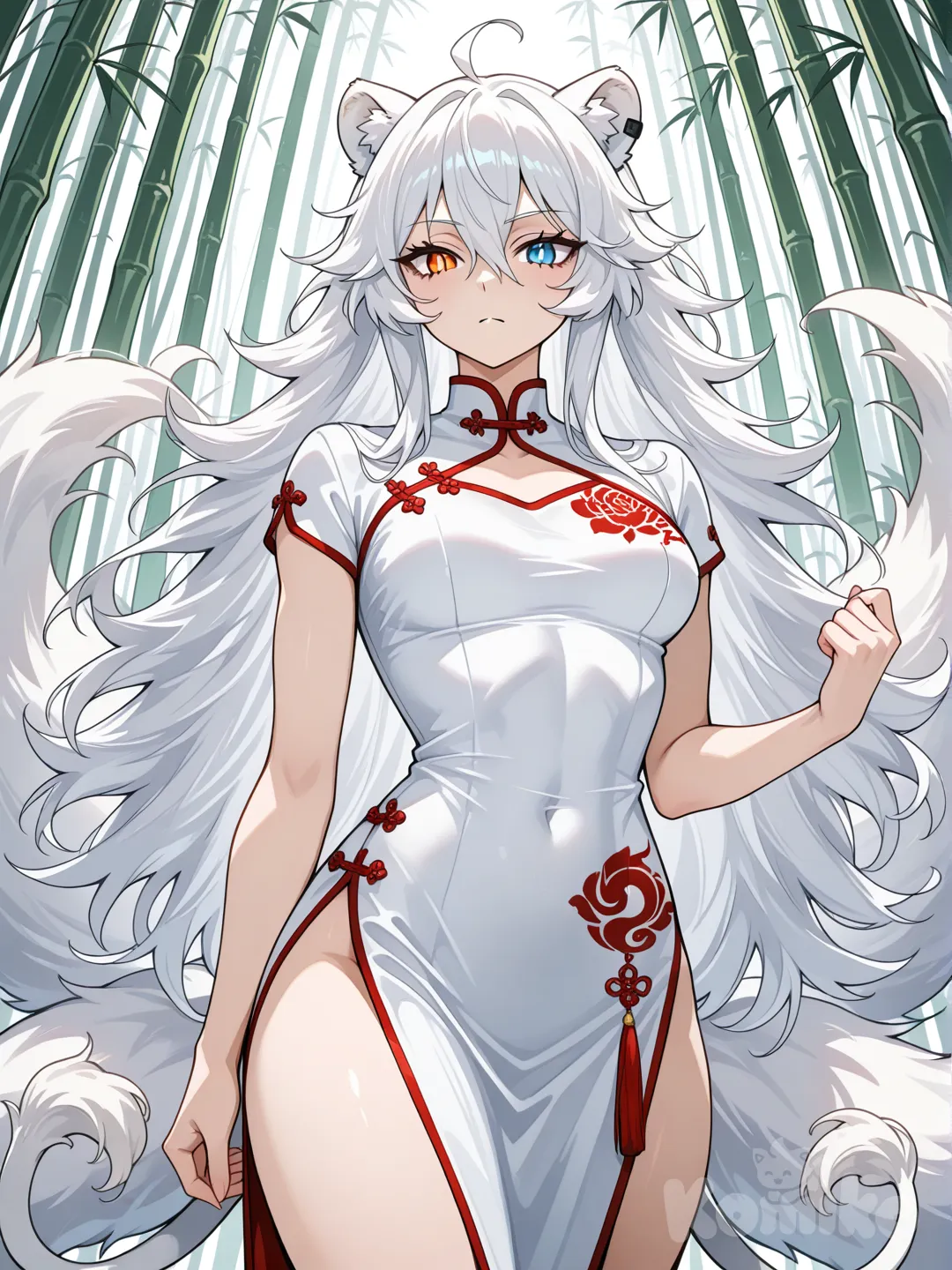 Anime character design, "Leana", an 18-20 year old female lion Feralis. Slender, athletic build (not muscular). Long, wild white hair, lion ears, and three fluffy tails. Wears a form-fitting Chinese-style combat dress in red and white, with slits for mobility. A prominent yin-yang symbol is embroidered on the chest and back. Notable but modest bust. Heterochromatic eyes: one amber (instinct), one ice blue (legacy). Standing with elegant ferocity in a bamboo forest. Style: "Killing Bites" meets "Avatar: The Last Airbender" elegance.