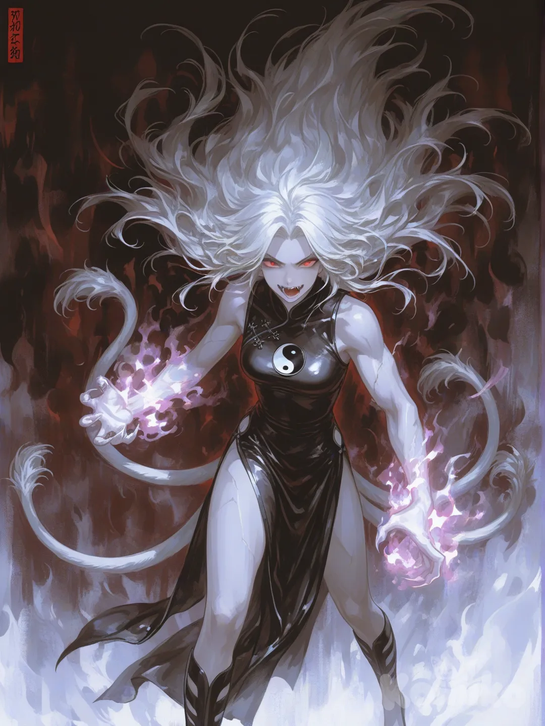 [sensual-glossy-style] **Prompt (Estado Feral Refinado):** `Anime character design, "Leana's Refined Feral State". A powerful yet elegant transformation. She stands upright in a fierce frontal roar, mouth open with sharpened canines, eyes glowing with unified primal energy ( Scarlet Red Eyes). Her three lion tails are enlarged and majestic, her white hair flows dramatically. She wears a battle-damaged but regal version of her black and white Chinese combat dress, the yin-yang symbol glowing brightly. Her form is sleek and feminine, not bulky, with elongated claws. Aura of controlled, deadly ferocity. Background: glowing energy mist. Style: "Sengoku Basara" dramatic poses with "X-Men" White Queen elegance.`