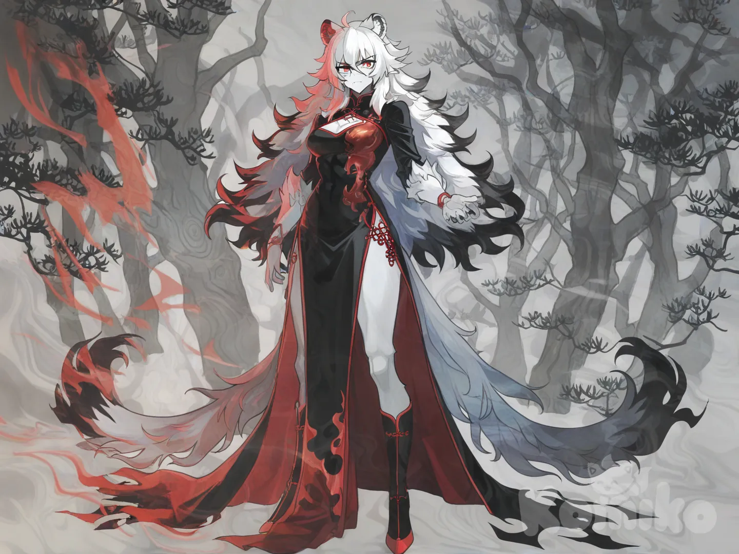 Anime character design, "Leana", an 18-20 year old female lion Feralis. Slender, athletic build (not muscular). Long, wild white hair, lion ears, and three fluffy tails. Wears a form-fitting Chinese-style combat dress in black and white, with slits for mobility. A prominent yin-yang symbol is embroidered on the chest and back. Notable but modest bust. Red eyes: with the ferocity (instinct). Standing with elegant ferocity in a big natural forest. Style: "Killing Bites" meets "Avatar: The Last Airbender" elegance., [watercolor-illustration-style]