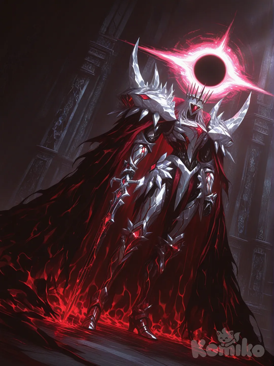 HYPER-Anime Key Visual, 8K. The "Eclipse Slime King", a majestic living armor entity. CORE CONCEPT: Liquid obsidian & molten chrome slime forms its flesh/metal, with intricate glowing crimson biomechanical circuits within. Over this, MASSIVE, ornate plates of PURE WHITE, fractured crystal armor (inspired by zangetsu by code geas) cover the body. Each crystal plate is heavily with sharp facets, glowing runic engravings, and wing-like spikes. Color scheme: Stark Black (slime), Pure White (crystal), Glowing Crimson (energy). It has a grandiose crystalline crown and a single crimson cyclopean eye. It holds a crystal greatsword and a miniature black hole. Pose: Regal, powerful, standing on a shattered celestial throne room. God-ray cinematic lighting illuminates the crystals. Cape of solidified shadows. Atmosphere: Epic, sorrowful, divine power. Ultra-intricate design, stylized Unreal Engine 5 render, ray tracing, by Akihiko Yoshida., [sensual-glossy-style], @Arthur_Pendragon_(Fate)