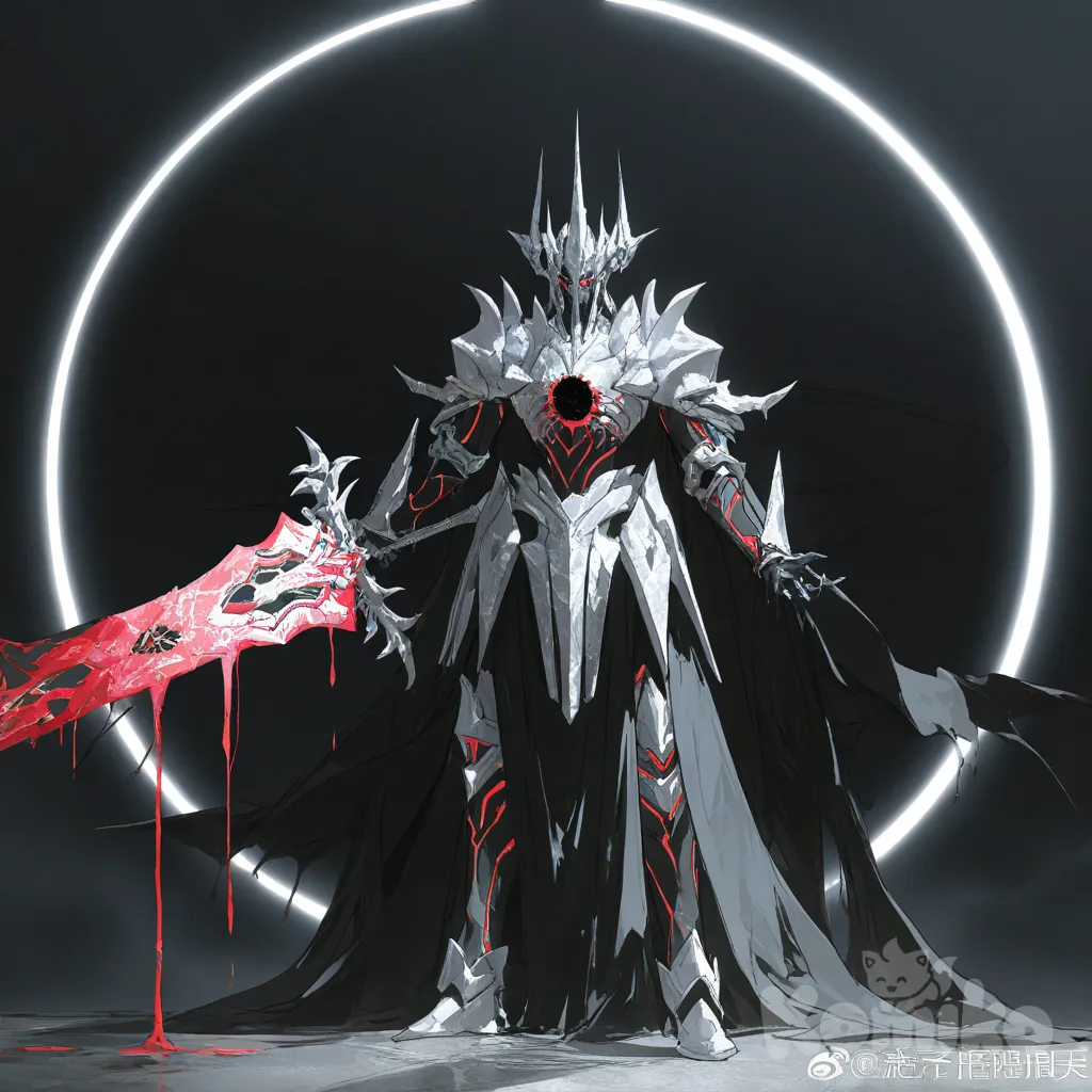 @Gilgamesh_(Fate)HYPER-Anime Key Visual, 8K. The "Eclipse Slime King", a majestic living armor entity. CORE CONCEPT: Liquid obsidian & molten chrome slime forms its flesh/metal, with intricate glowing crimson biomechanical circuits within. Over this, MASSIVE, ornate plates of PURE WHITE, fractured crystal armor (inspired by zangetsu by code geas) cover the body. Each crystal plate is heavily with sharp facets, glowing runic engravings, and wing-like spikes. Color scheme: Stark Black (slime), Pure White (crystal), Glowing Crimson (energy). It has a grandiose crystalline crown and a single crimson cyclopean eye. It holds a crystal greatsword and a miniature black hole. Pose: Regal, powerful, standing on a shattered celestial throne room. God-ray cinematic lighting illuminates the crystals. Cape of solidified shadows. Atmosphere: Epic, sorrowful, divine power. Ultra-intricate design, stylized Unreal Engine 5 render, ray tracing, by Akihiko Yoshida., [desaturated-illustration-style]