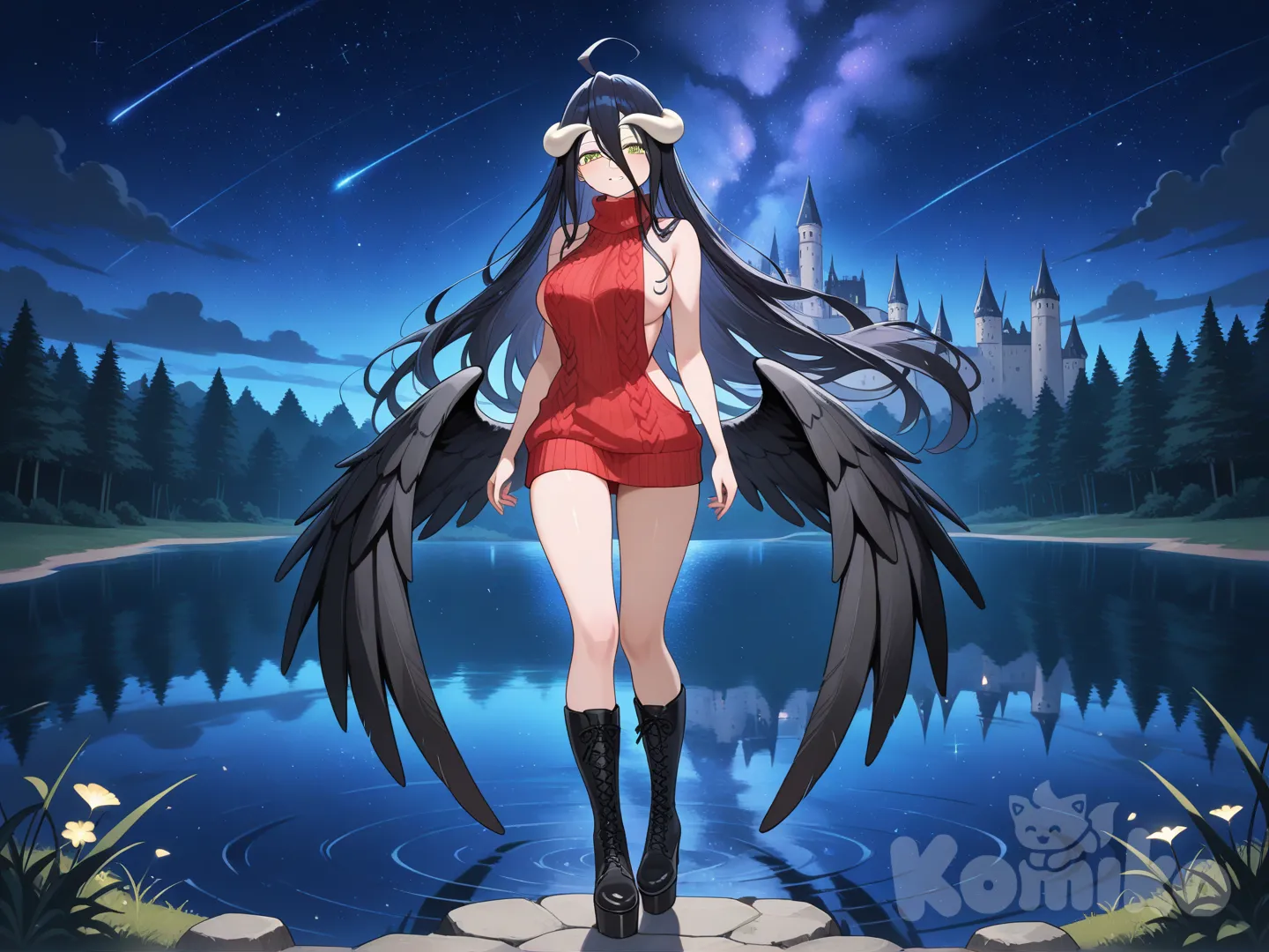 botas de plataforma, atuendo de Virgin Killer negro y rojo, Albedo (Overlord), con pelo negro con betas blancas y rojas de forma simétrica, sin alas de fondo un castillo natural con un lago, de noche con cielo estrellado, full body, leaves falling, cosmic background