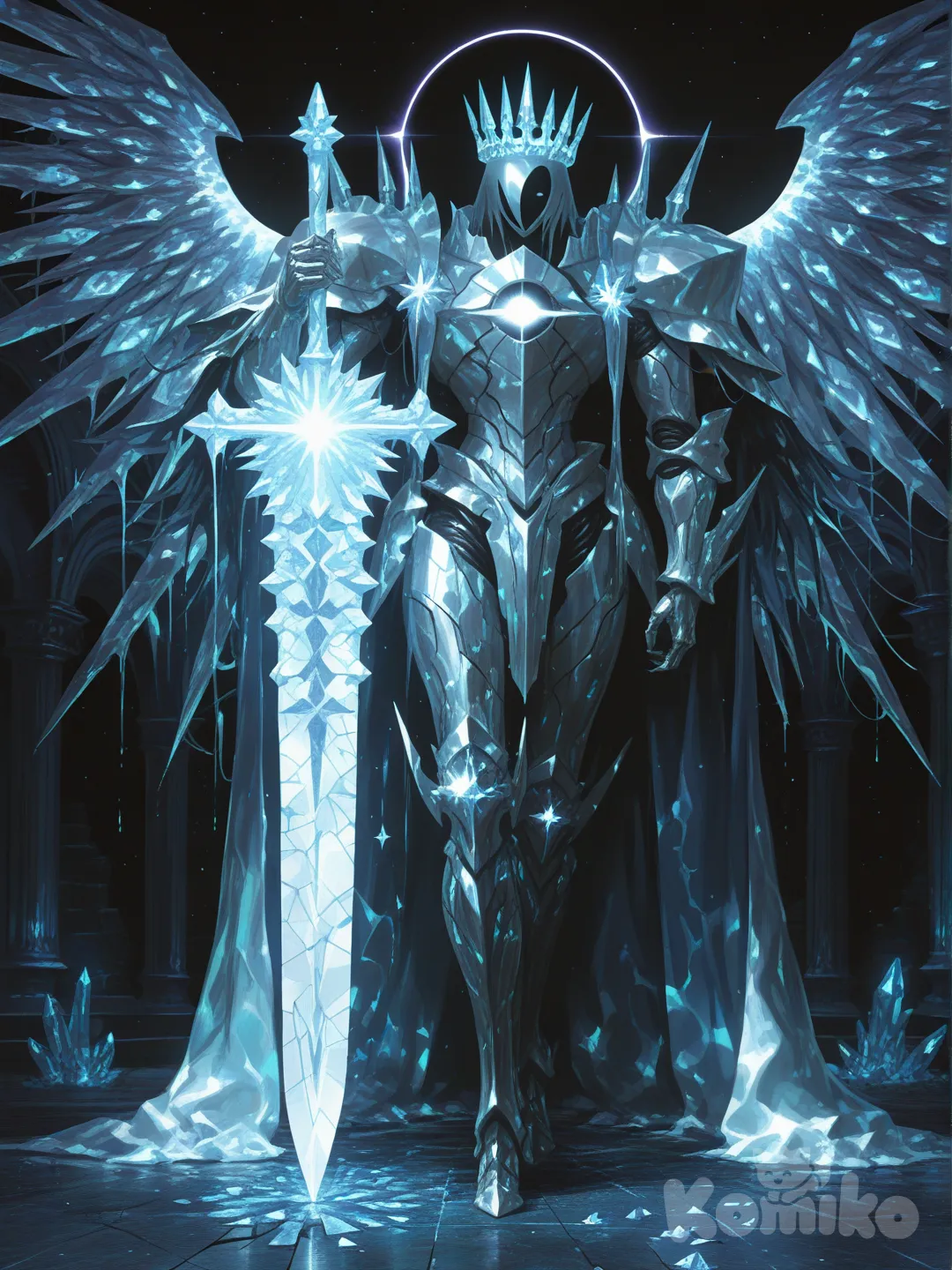 @Arthur_Pendragon_(Fate)HYPER-Anime Key Visual, 8K. The "Eclipse Slime King", a majestic living armor entity. CORE CONCEPT: Obsidian & molten chrome slime forms its flesh/metal, with intricate glowing crimson biomechanical circuits within. Over this, MASSIVE, ornate plates of PURE WHITE, fractured crystal armor (inspired by zangetsu by code geas) cover the body. Each crystal plate is lighter with sharp facets, glowing runic engravings, and wing-like spikes. Color scheme: Stark Black (slime), Pure White (crystal), Glowing Crimson (energy). It has a grandiose crystalline crown and a single crimson cyclopean eye. It holds a crystal greatsword and a miniature black hole. Pose: Regal, powerful, standing on a shattered celestial throne room. God-ray cinematic lighting illuminates the crystals. Cape of solidified shadows. Atmosphere: Epic, sorrowful, divine power. Ultra-intricate design, stylized Unreal Engine 5 render, ray tracing, by MeMe 50, [sensual-glossy-style]