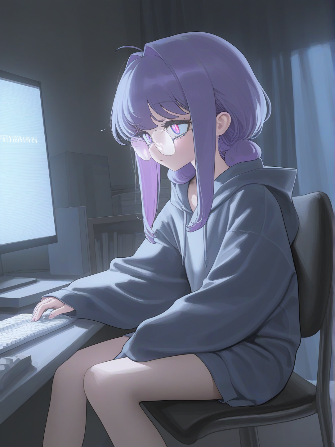 [vibrant-anime-style], hacker, 1girl, child, purple hair