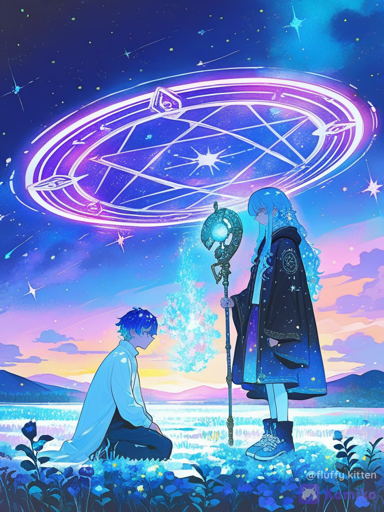 @xue-fang-hua-4xpN, floating, expressionless, witch outfit, full body, cowboy shot, front profile photo, ultra-wide shot, panoramic lens, ice field, underwater, cloud, lake, starry sky, cosmic background, flower field, [sweet-painting-style]直接換衣服，衣服多一些法師的特徵，要拿魔法仗（大隻一點）, medium long shot, 要魔法陣，不綁頭髮, 1boy, 1girl, 2people, kneeling, polo shirt