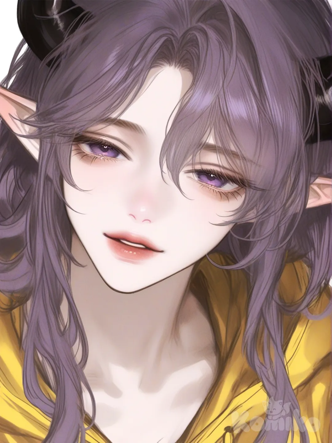 [semi-realistic-portrait-style] 1girl, purple _hair ,purple _eyes, fair_skin, yellow_hoodie, mature, muscular, slim, single_character, full_body, looking_at_viewer, anime_style, simple_background, white_background, elf ears, black horns