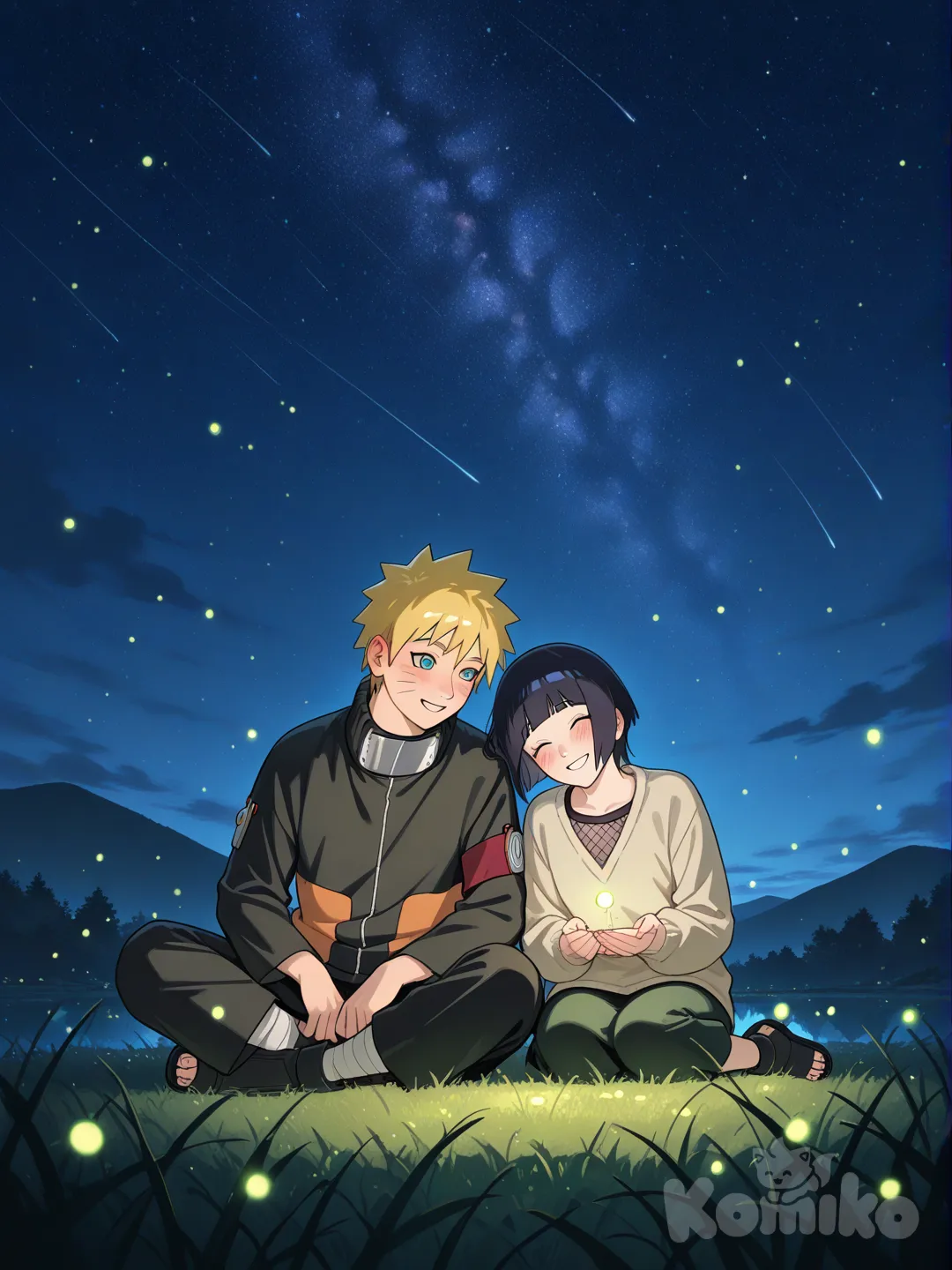 Hinata Hyuga sitting on the grass at night next to Naruto Uzumaki surrounded by fireflies and feeling