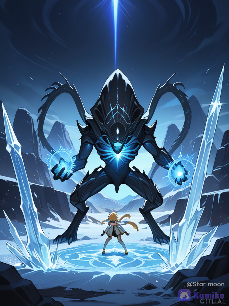 Genshin Impact, prompt is Epische kinoreife Fantasy-Sci-Fi-Szene bei Nacht in den Bergen von Liyue: Lumine, Amber, Ganyu und Citlali müssen sich unter Druck vor einer überwältigenden Horde biomechanischer Xenomorphs zurückziehen. Die vier kämpfen in der Defensive und fliehen dynamisch: Lumine erzeugt schützende Geo-Felsen und Anemo-Windstöße zur Ablenkung, Amber schießt brennende Pyro-Pfeile nach hinten, Ganyu erschafft Cryo-Eiskristalle und eisige Barrieren, Citlali wirkt leuchtende Cryo-Runenkreise als Schutzschilde. Die Xenomorphs stürmen aggressiv und bedrohlich hinter ihnen her. Dramatische Actionpose, angespannte Gesichtsausdrücke, intensive Bewegung, volumetrisches Mondlicht, HDR, Raytracing, extrem detailliertes Anime-Charakterdesign, UHD Ultra-8K, scharfer Fokus, hohe Auflösung, kinoreife Beleuchtung, intensive Farben, Meisterwerk.
orientation is landscape, 2boys, 1boy, 1girl, 2people