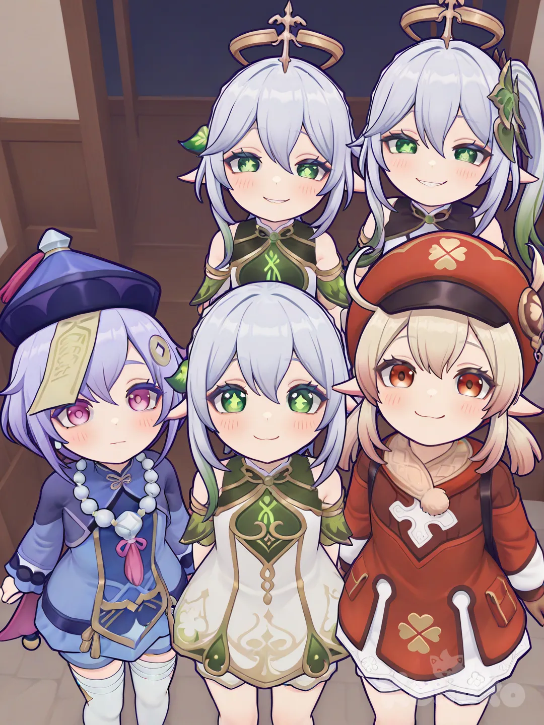 Qiqi (Genshin Impact), Klee (Genshin Impact), Paimon (Genshin Impact), Nahida (Genshin Impact), Sayu (Genshin Impact), Slime (Genshin Impact), Dodoco (Genshin Impact), Diona (Genshin Impact), [3d-anime-game-style], blush, smirk, evil smile