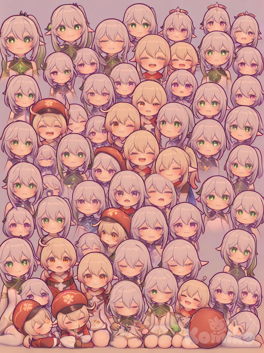 Qiqi (Genshin Impact), Klee (Genshin Impact), Paimon (Genshin Impact), Nahida (Genshin Impact), Sayu (Genshin Impact), Slime (Genshin Impact), Dodoco (Genshin Impact), Diona (Genshin Impact), [3d-anime-game-style], holding hands, sitting on lap, hugging, laughing, smile, smirk, expressionless, blush, frown, shocked, angry, evil smile, one eye closed, open mouth, looking at phone, pointing at viewer, kissing, gathering together