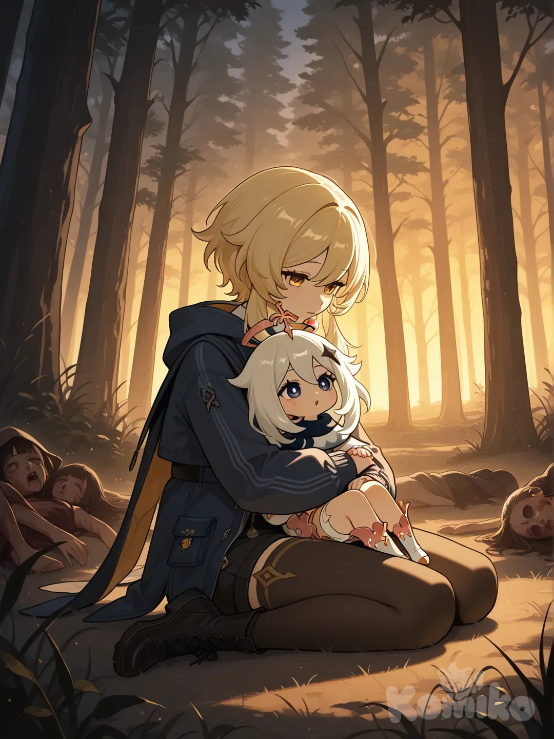 2 girls, Lumine (Genshin Impact), paimon (genshin impact), sentado en el regazo, headshot, ambient light, forest, full corpse
