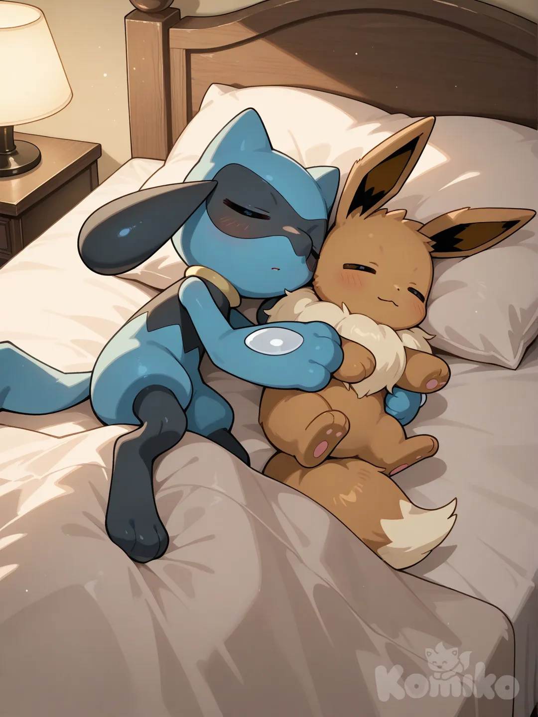 Riolu durmiendo con Eevee