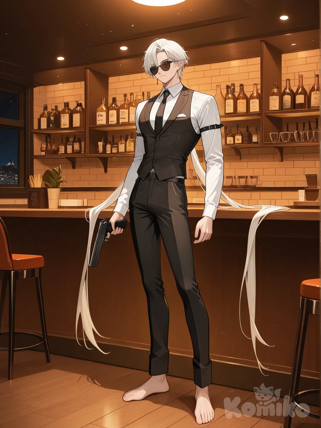 @Tung_Tung_Tung_Sahur, holding gun, expressionless, vest, suit pants, sunglasses, full body, night, restaurant